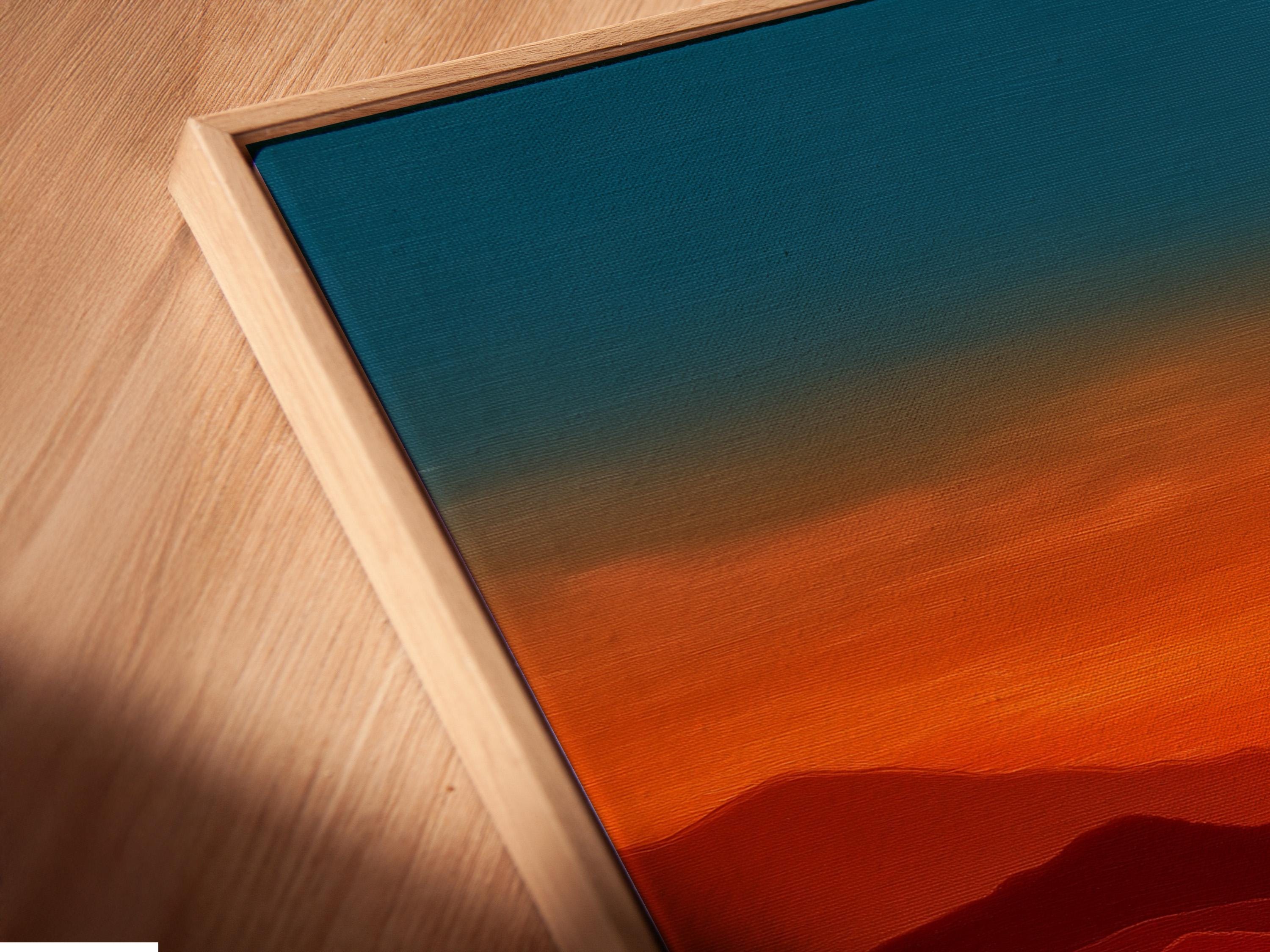 A stylised mountain sunset landscape shows layered ridgelines beneath a teal-blue sky and warm orange horizon, with bright white grass bands and red