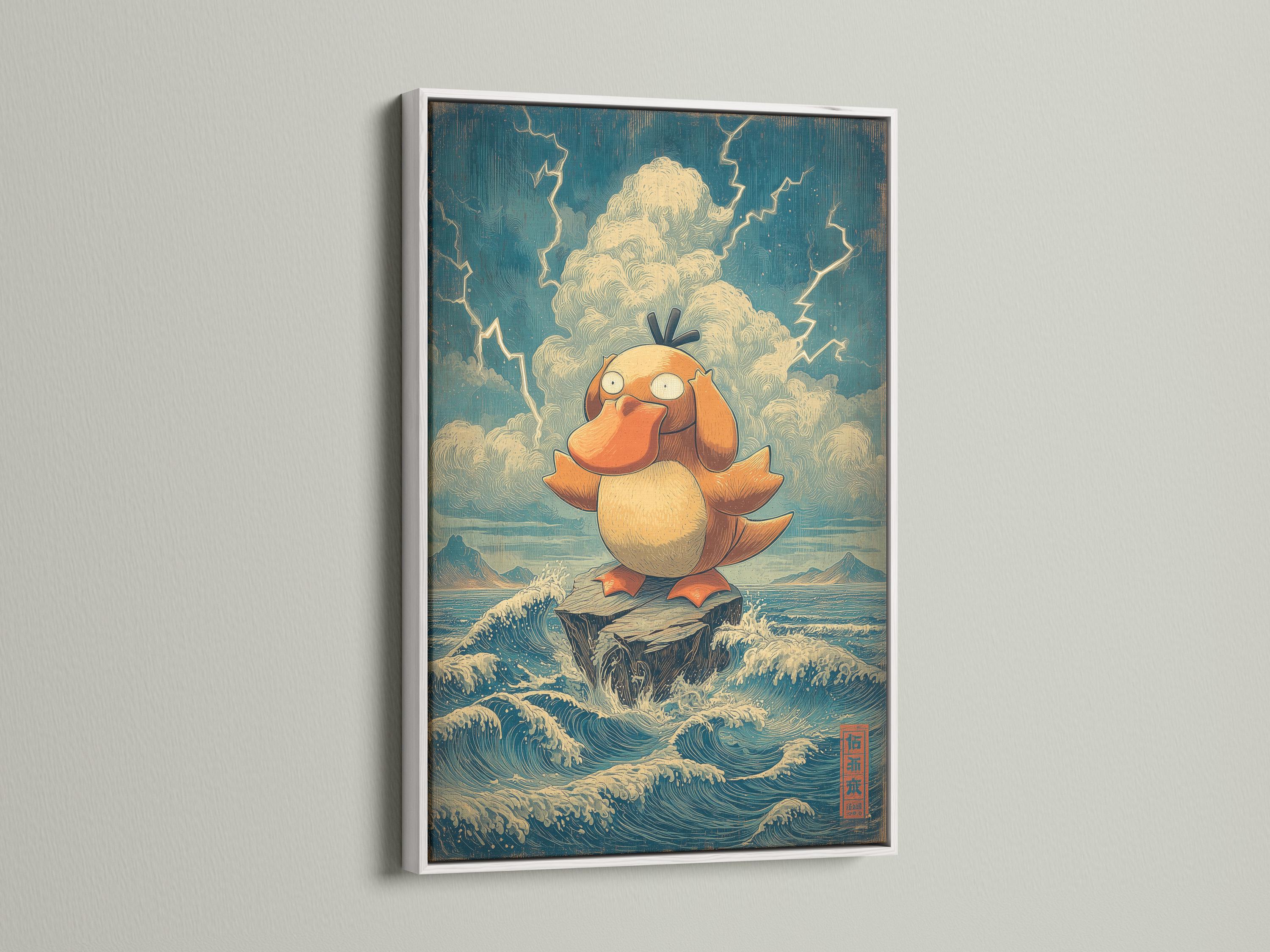 Room mockup showing a framed artwork of a duck in foamy ocean waves