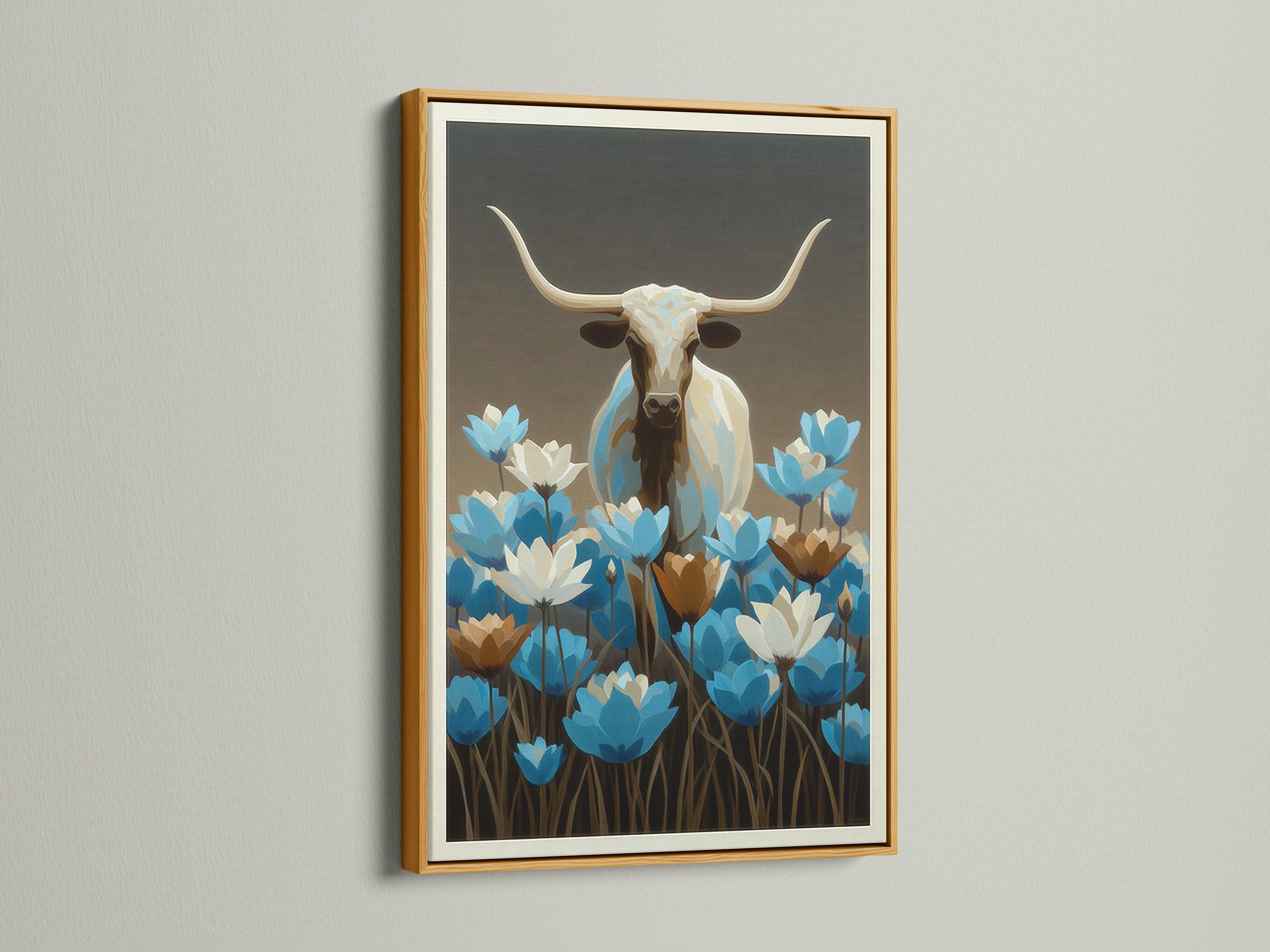 Longhorn bull artwork mockup on a wall with wildflowers and a framed design