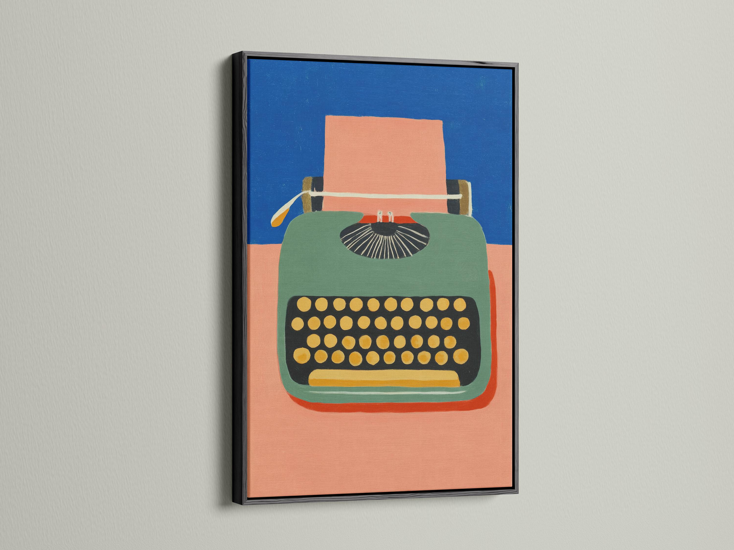 Stylised typewriter illustration with blue background, peach and green body, and gold dot keyboard detail view