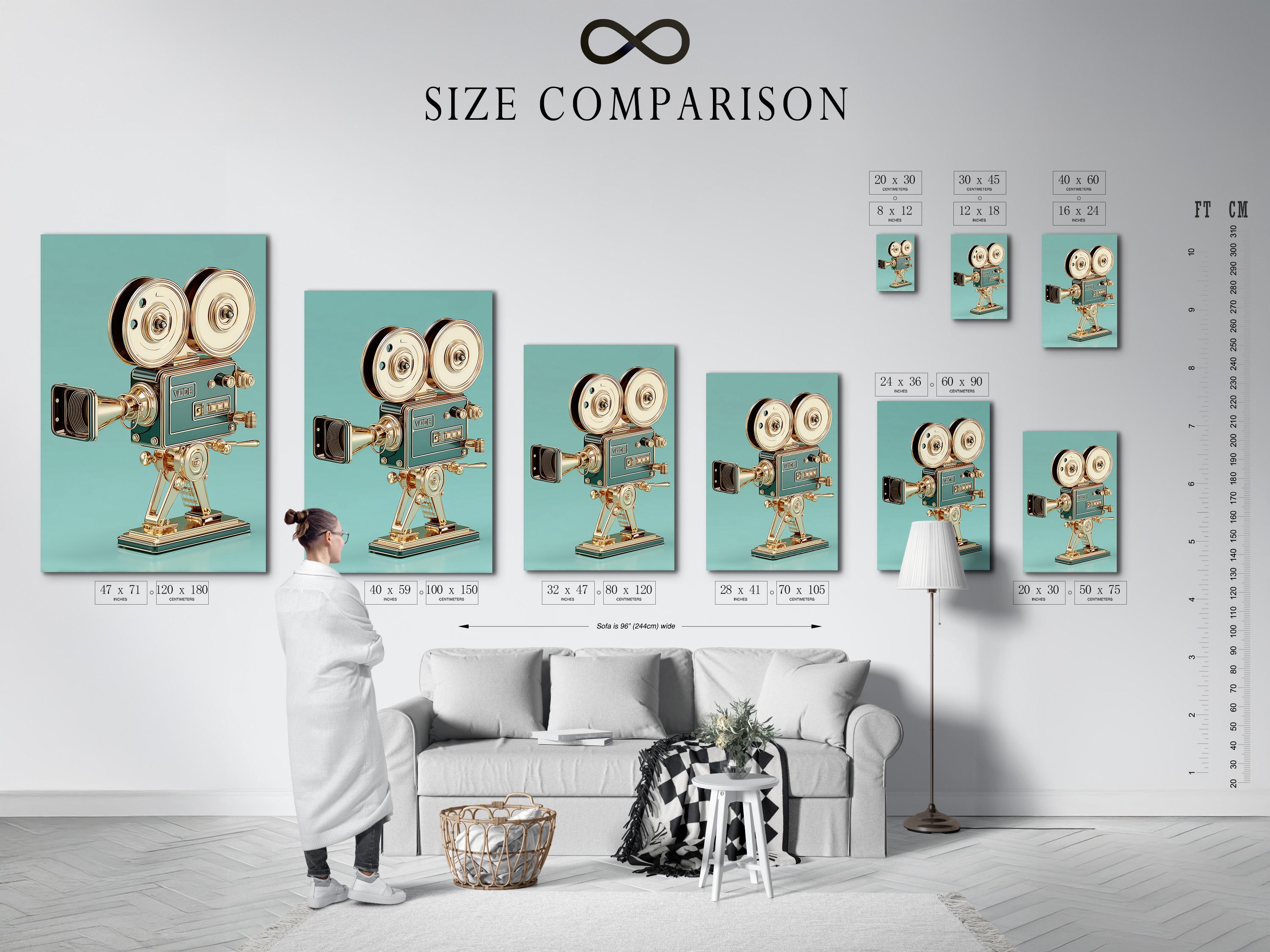 Woman standing beside a framed vintage film camera illustration on a teal background