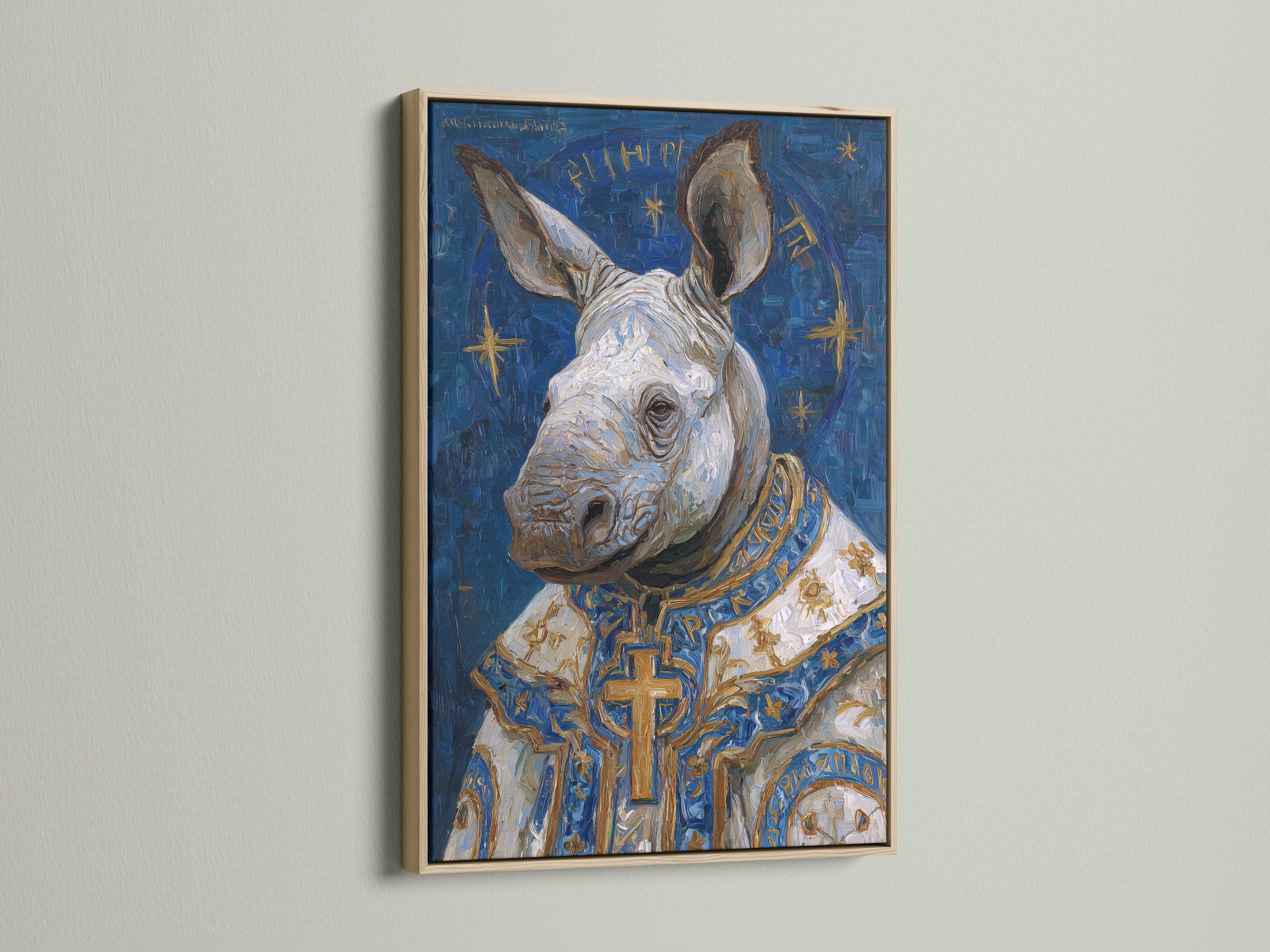 Painted rhino portrait on a deep blue background with gold cross and star-like accents detail view