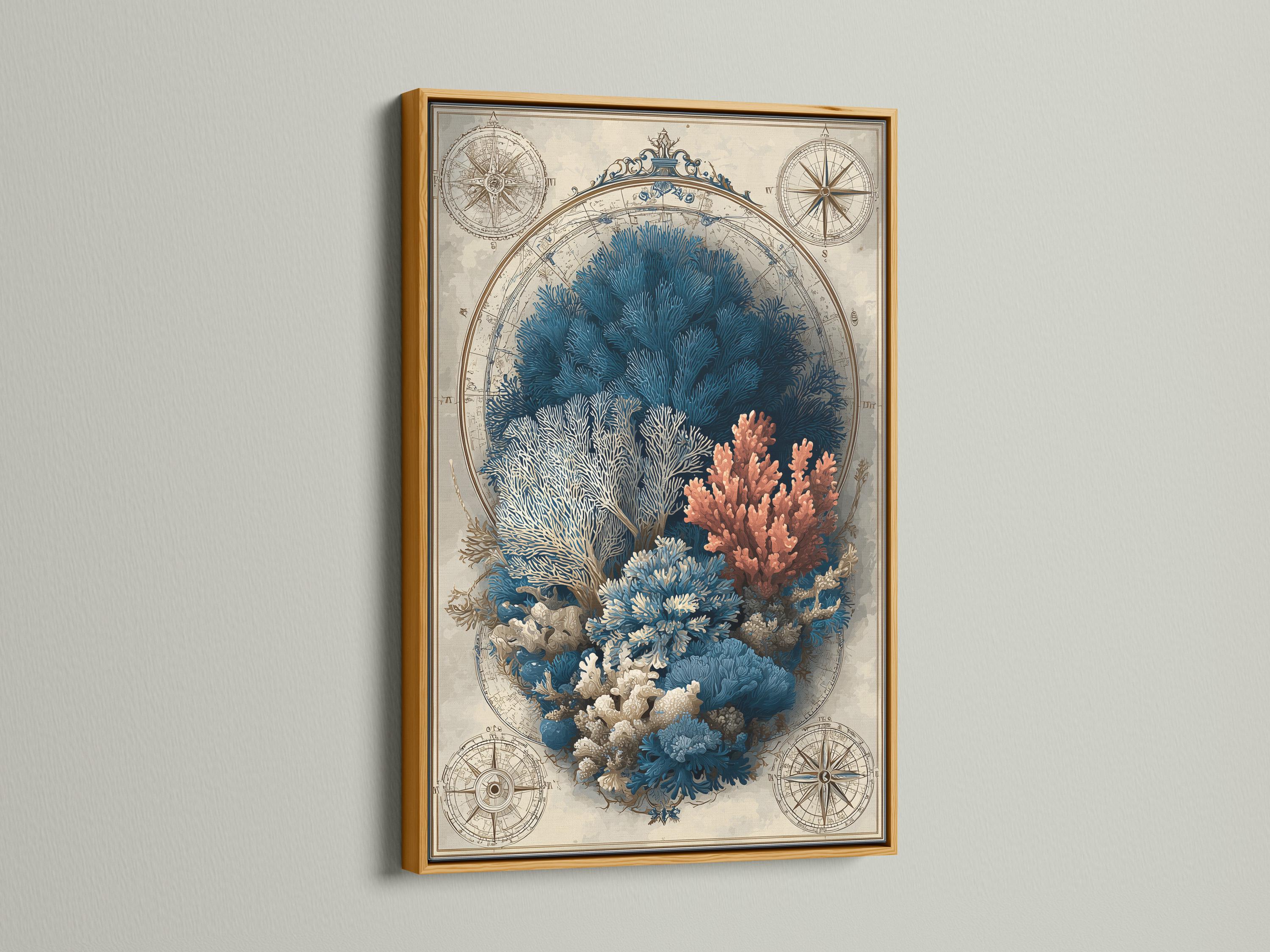 Room mockup showing a framed nautical map illustration featuring a coral reef and compass roses