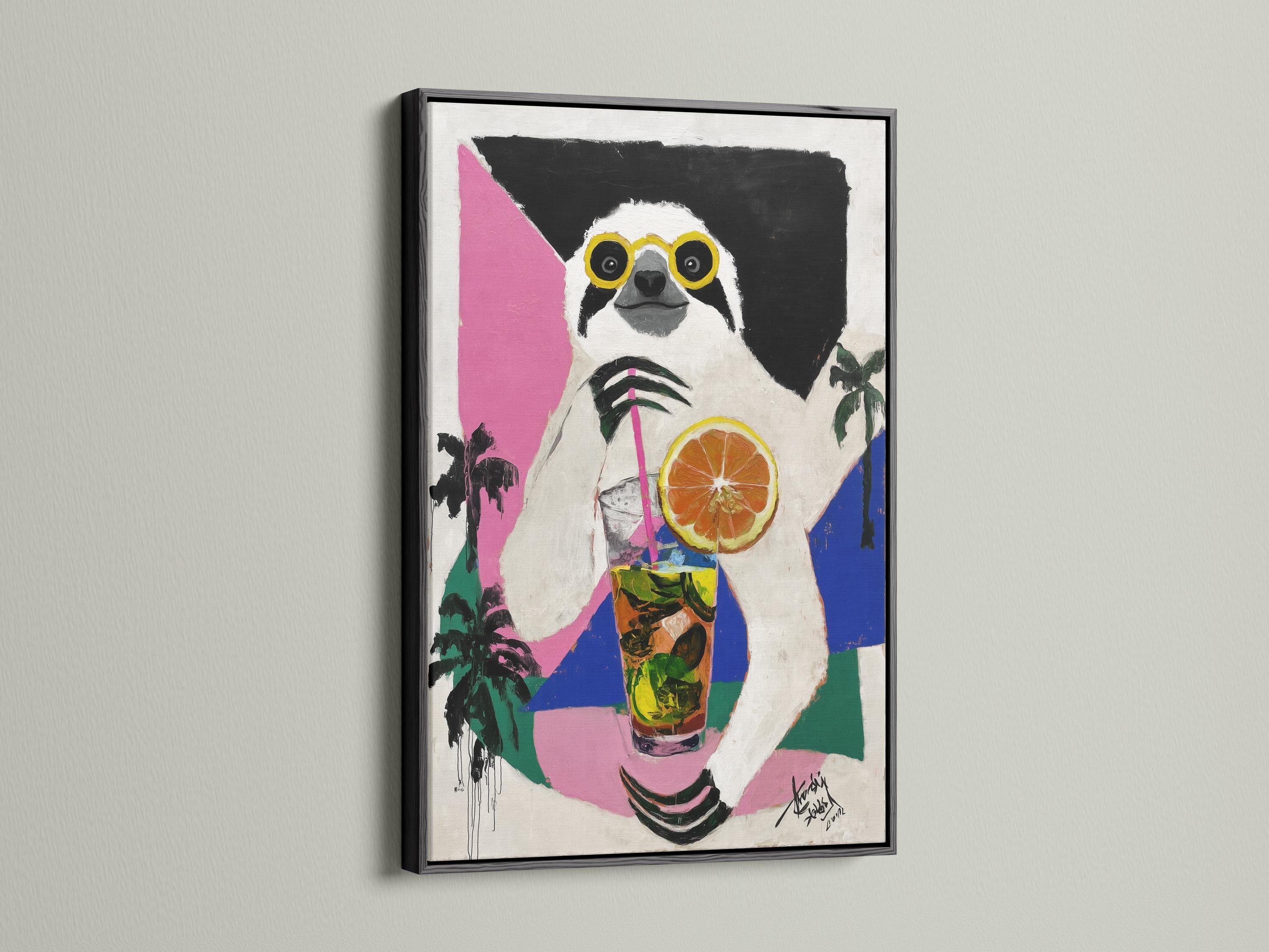 Sloth wearing yellow glasses holding a tropical drink with an orange slice against pink and blue blocks detail view
