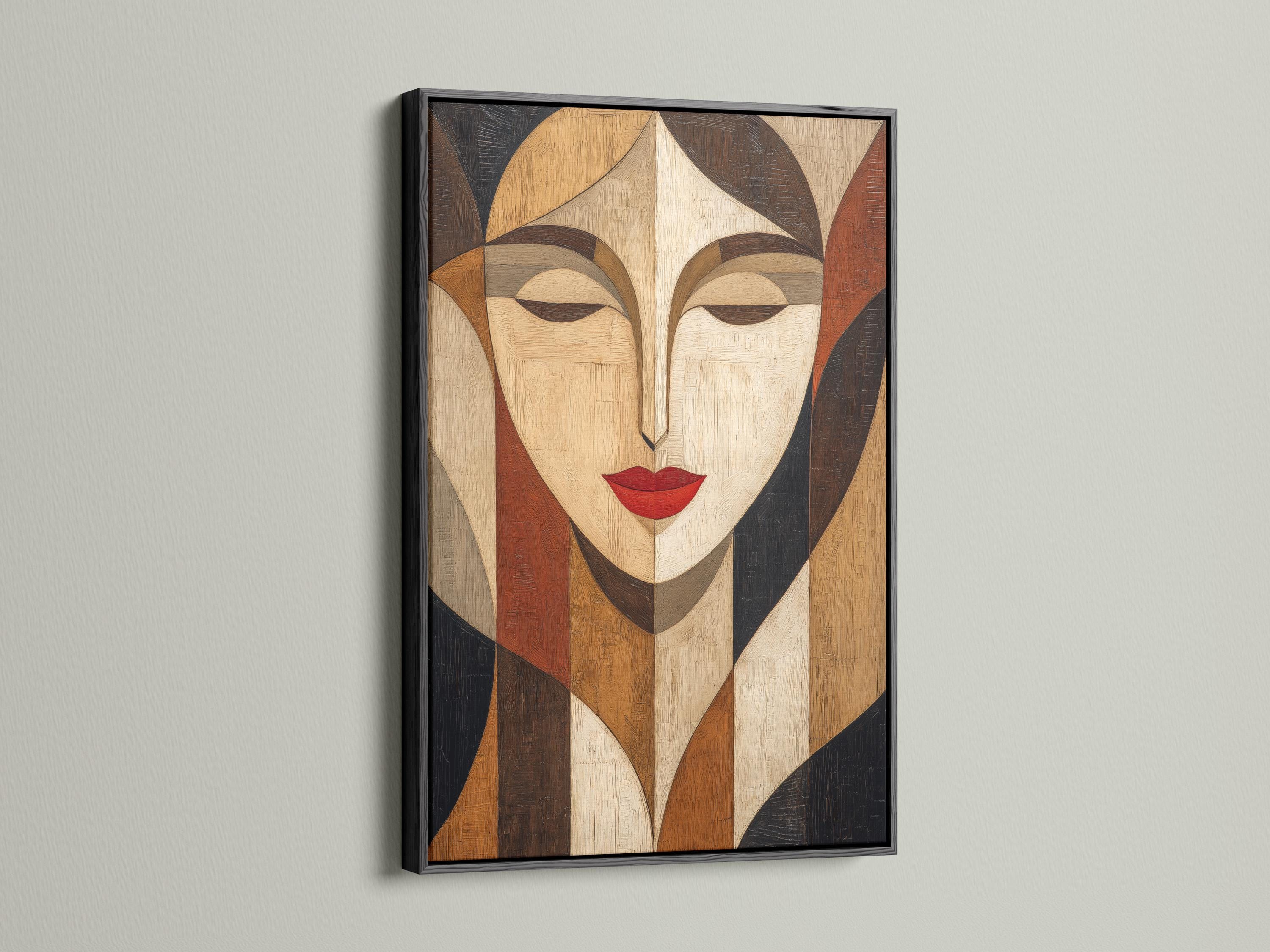 Room mockup showing abstract geometric woman portrait artwork
