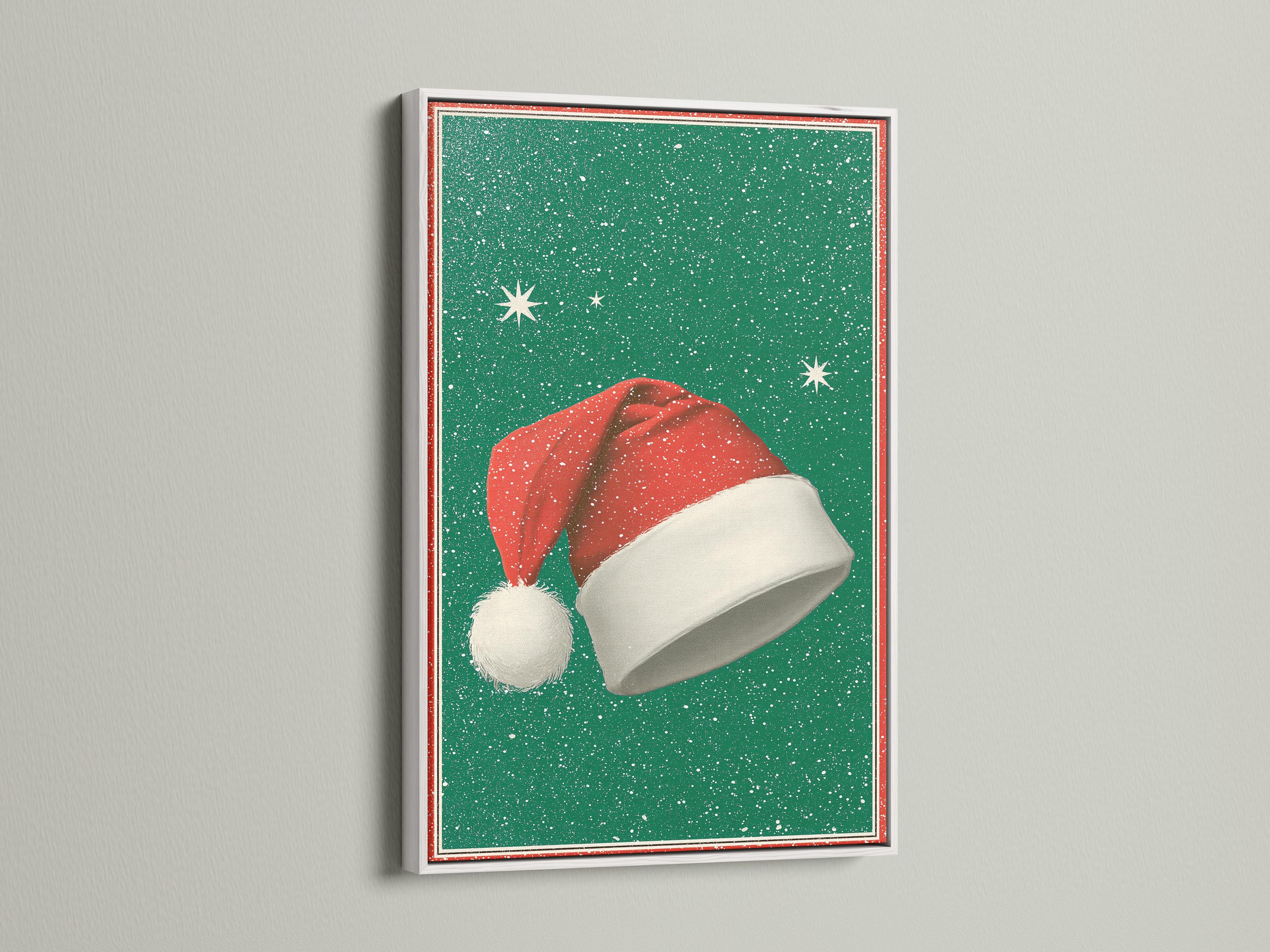 Room mockup featuring a framed Santa hat artwork on an emerald green speckled background
