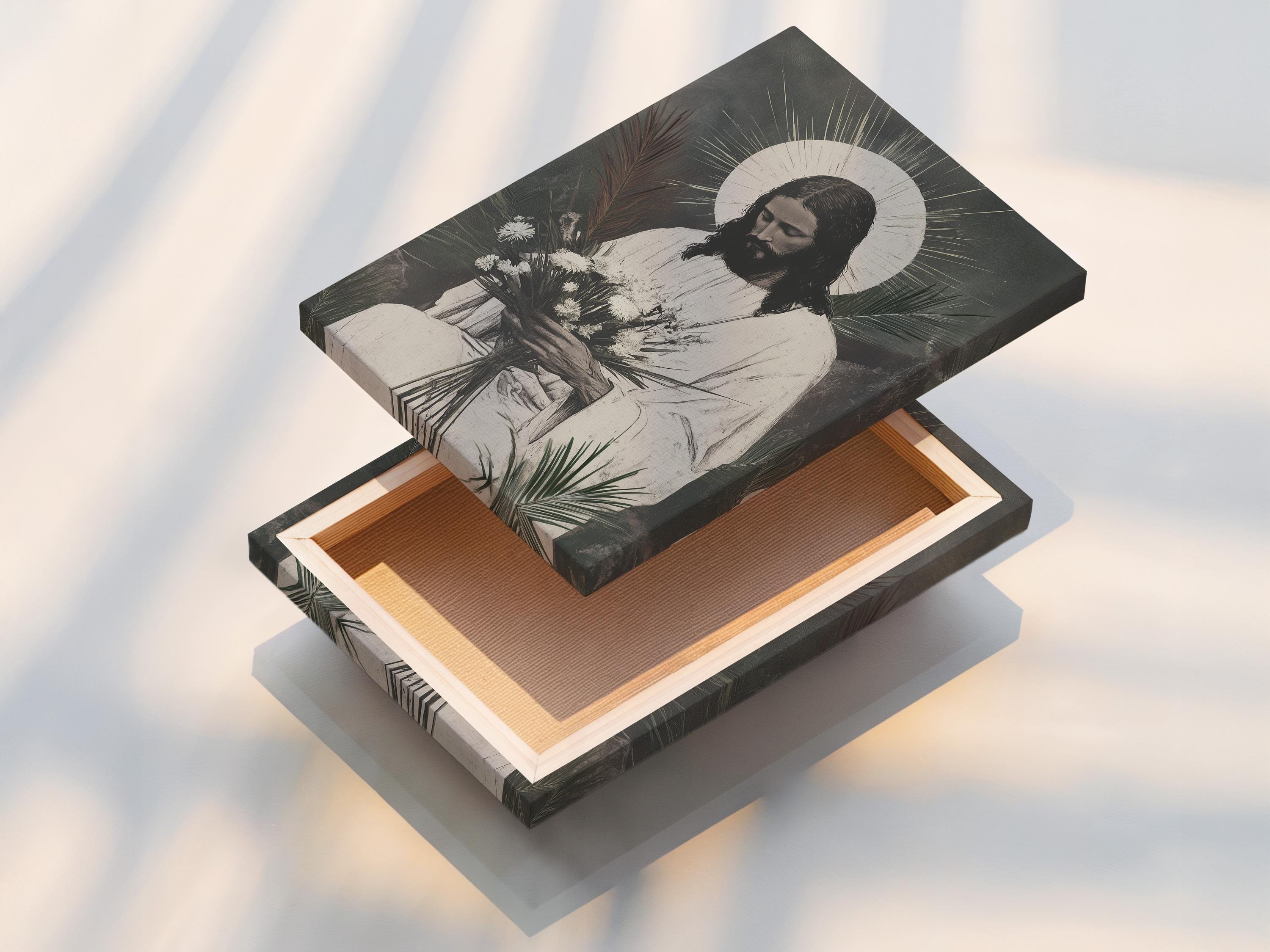 A monochrome illustration of Jesus seated and looking down, framed by a halo, with botanical leaves and dandelion-like flowers at the foreground