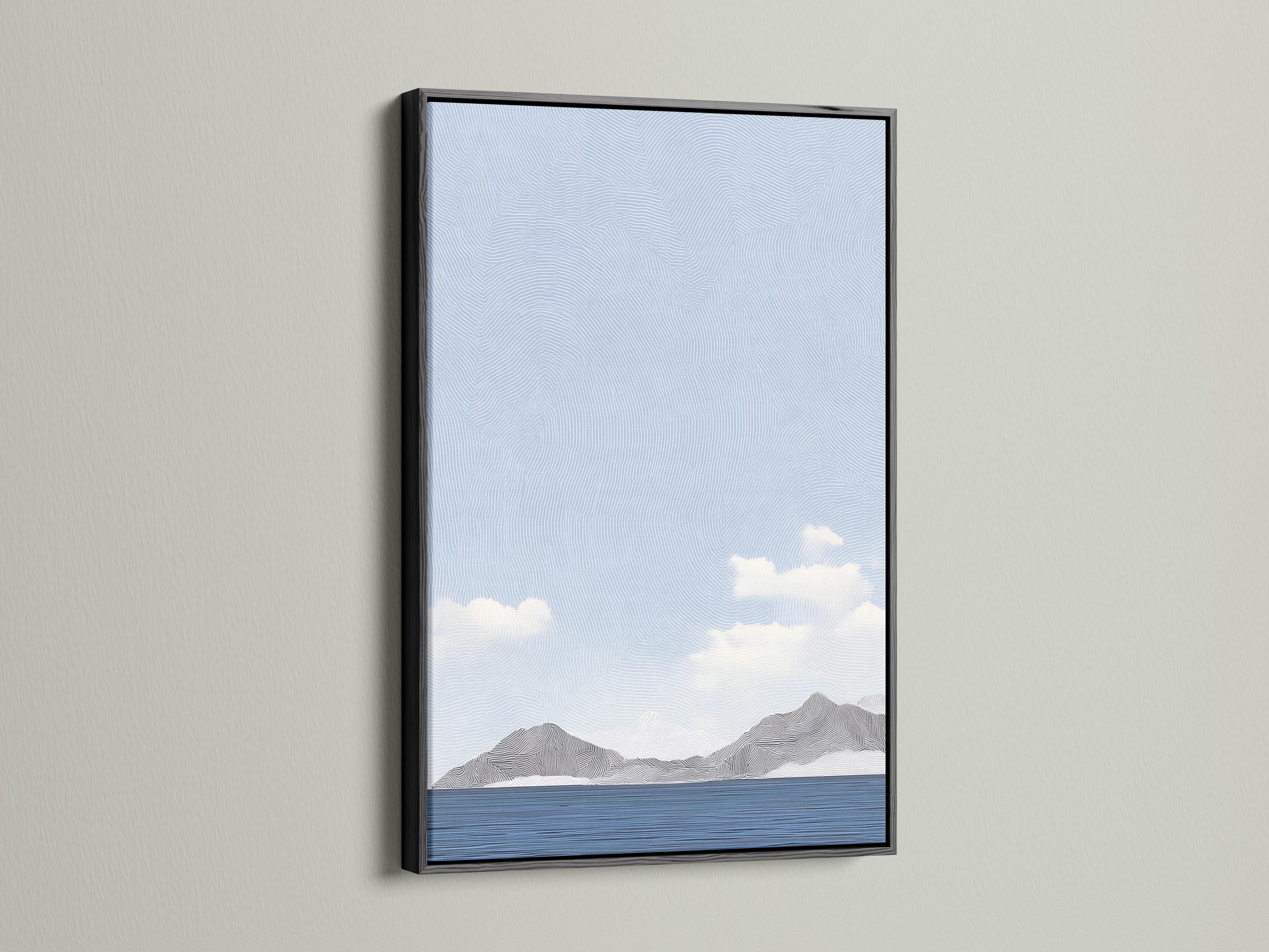 Room mockup showing a framed light blue minimalist seascape artwork with clouds and mountains