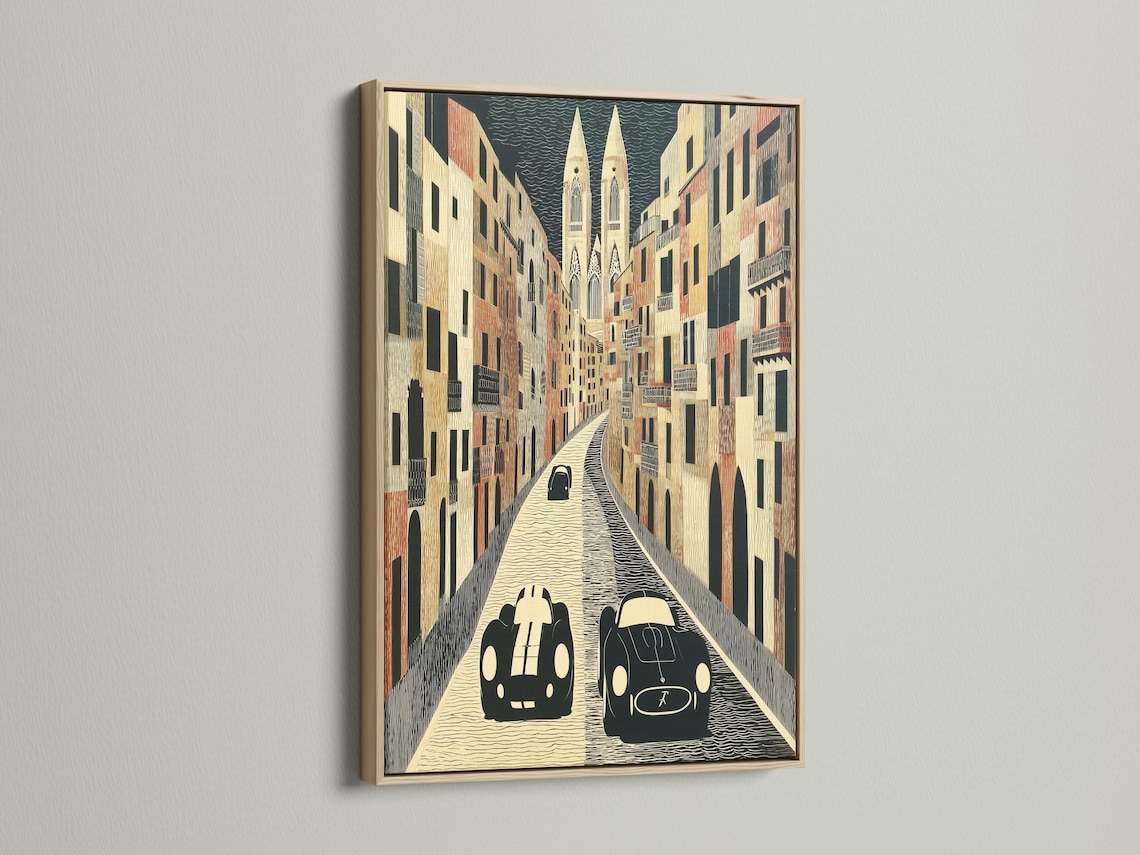 Retro cars on a textured city street with tall buildings and a patterned sky detail view