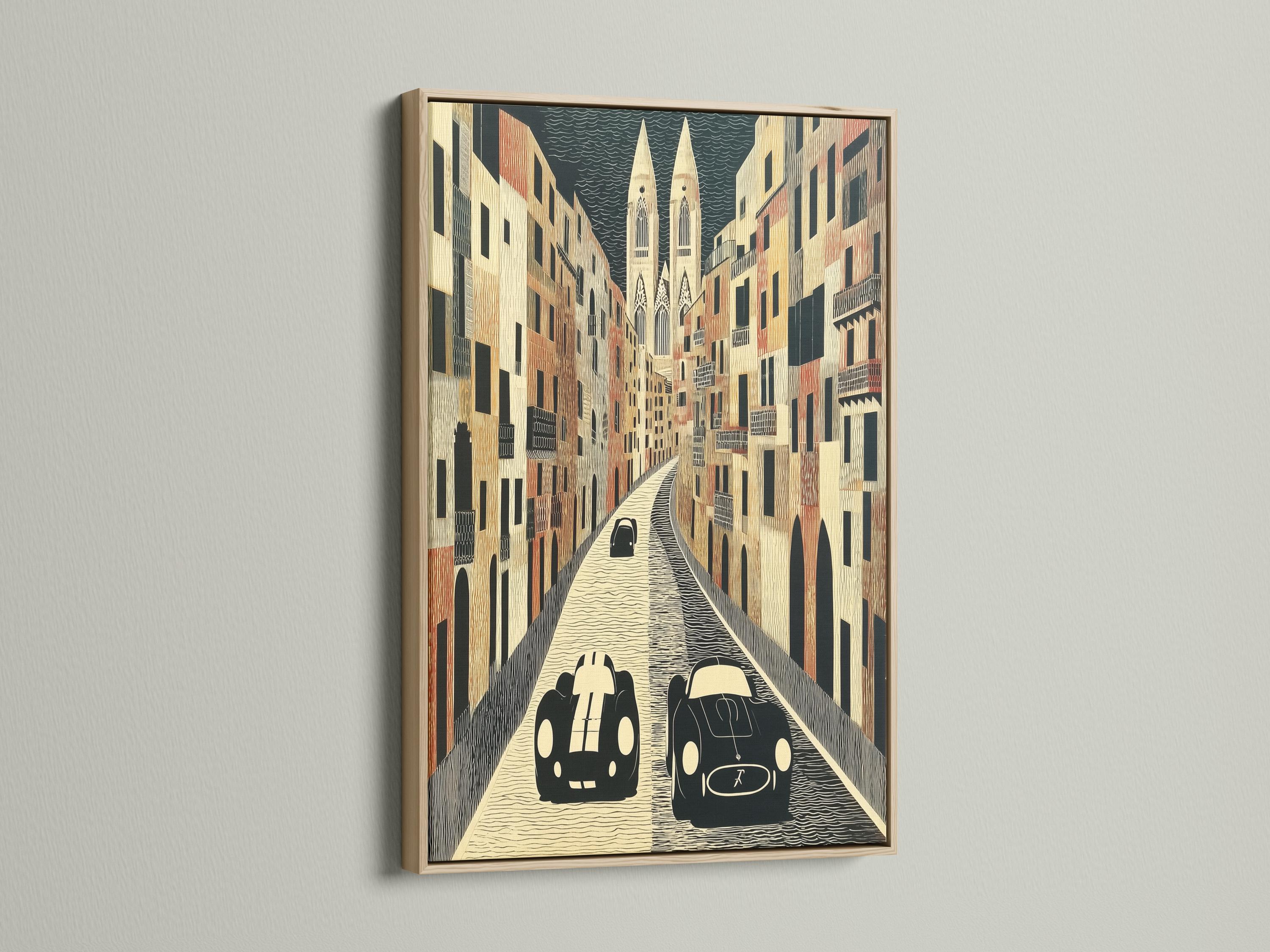 Retro cars on a textured city street with tall buildings and a patterned sky detail view