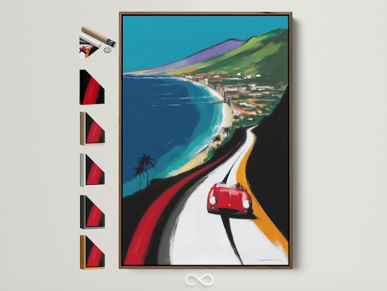 Stylised red sports car on a winding coastal road beside turquoise water and green hills