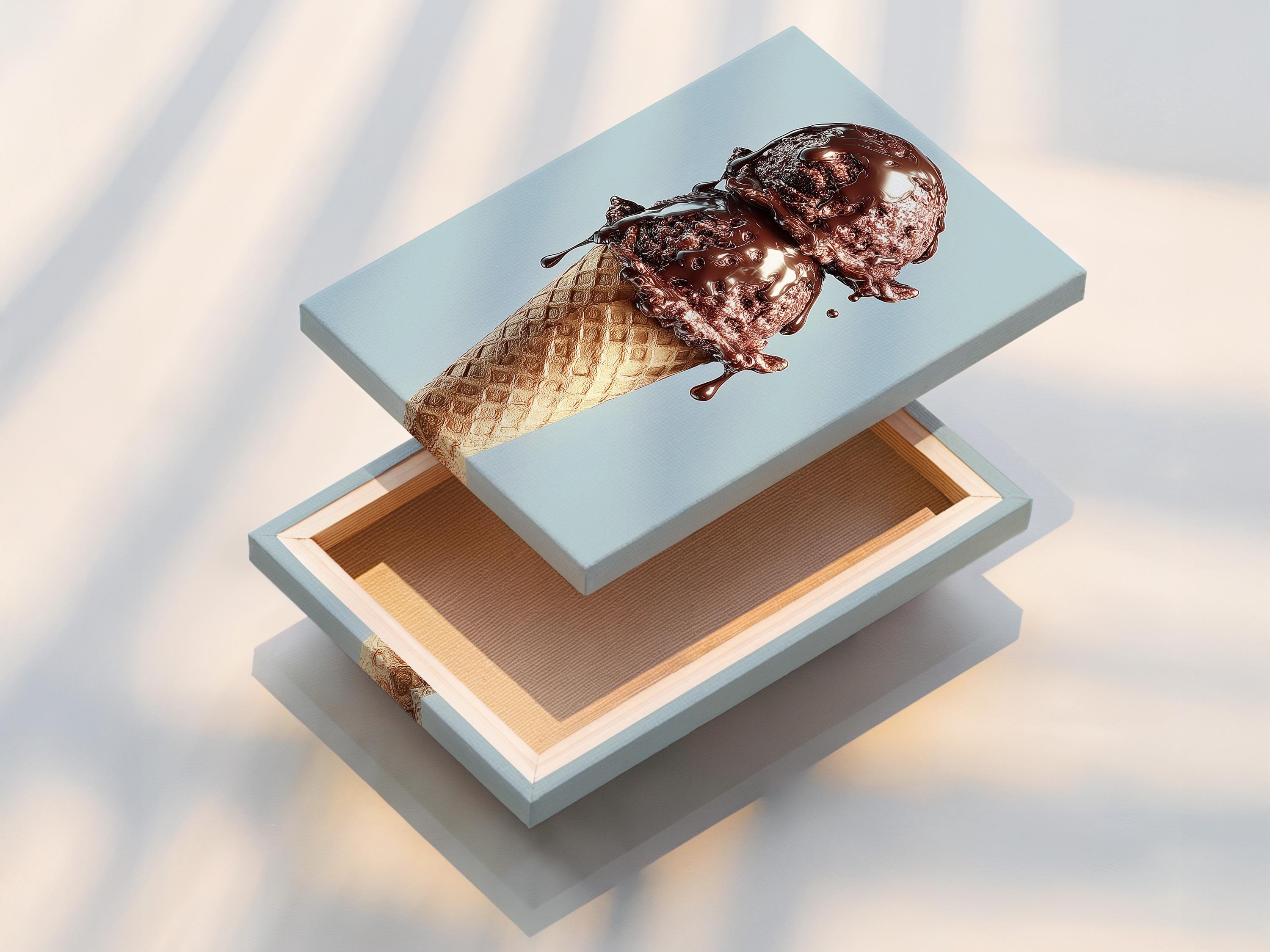 Chocolate ice cream cone illustration on a light blue background detail view