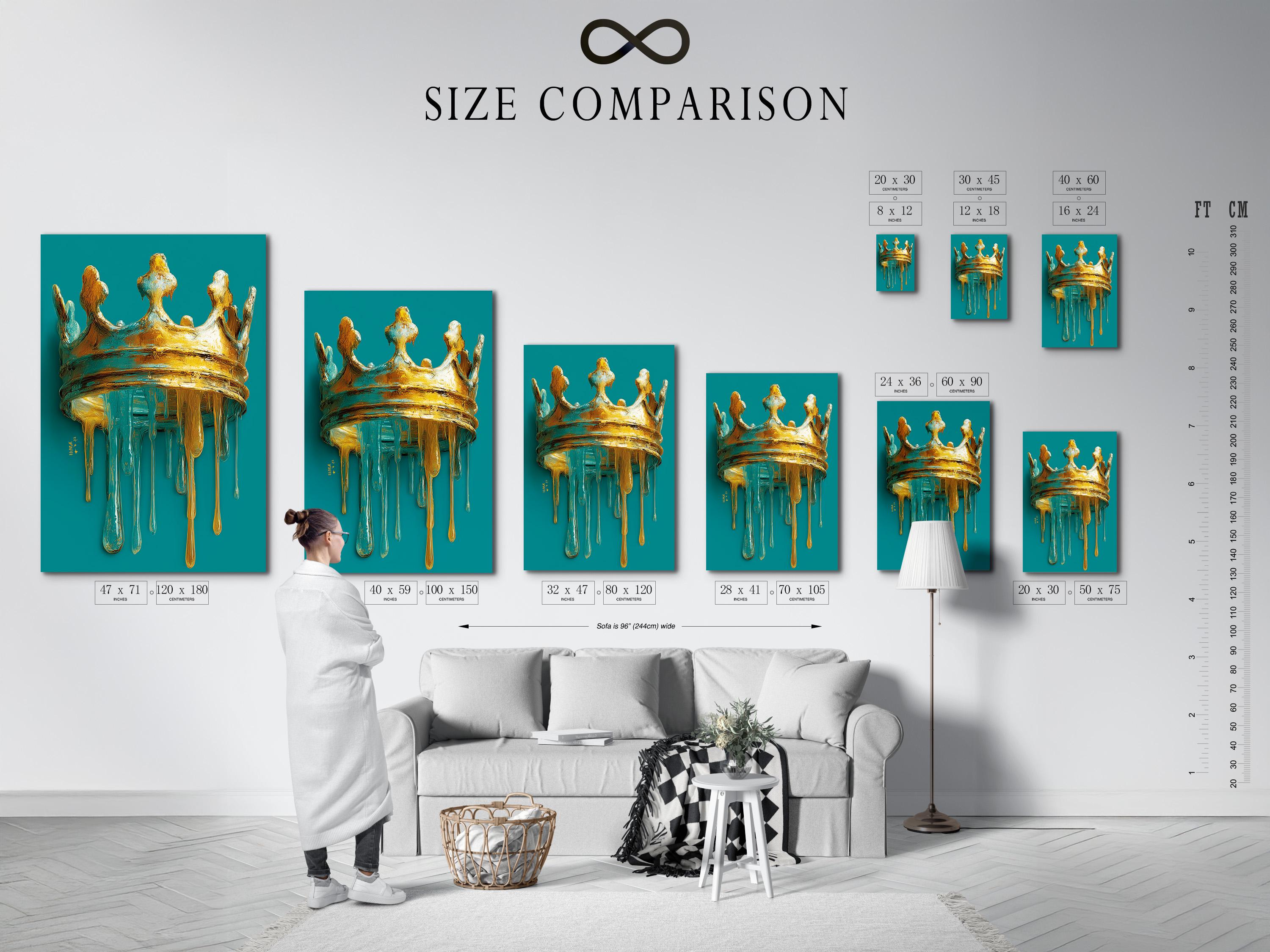Wall mockup showing a teal and gold crown drip painting framed artwork