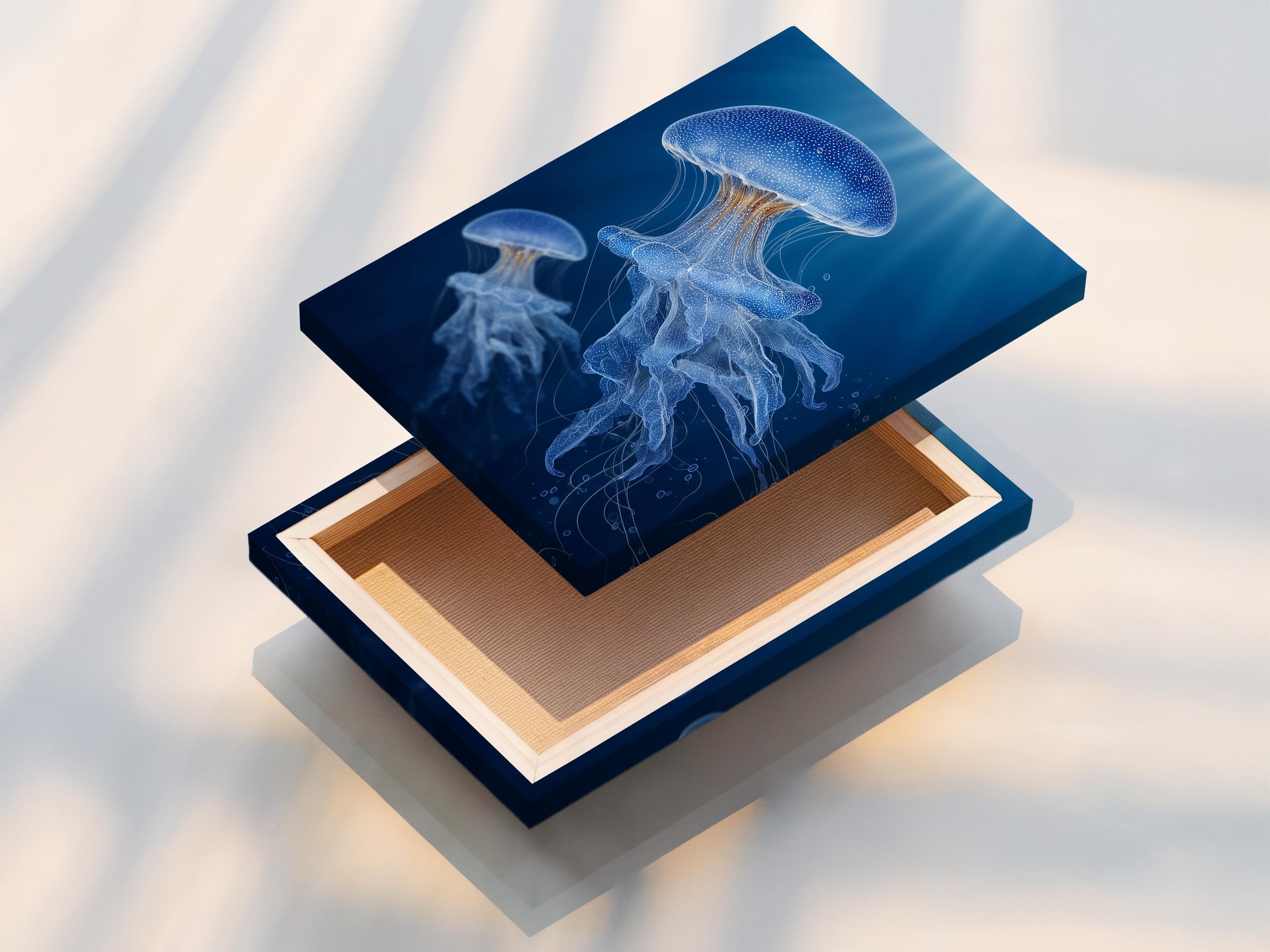 Wall mockup showing a blue jellyfish artwork in a framed display on a light wall