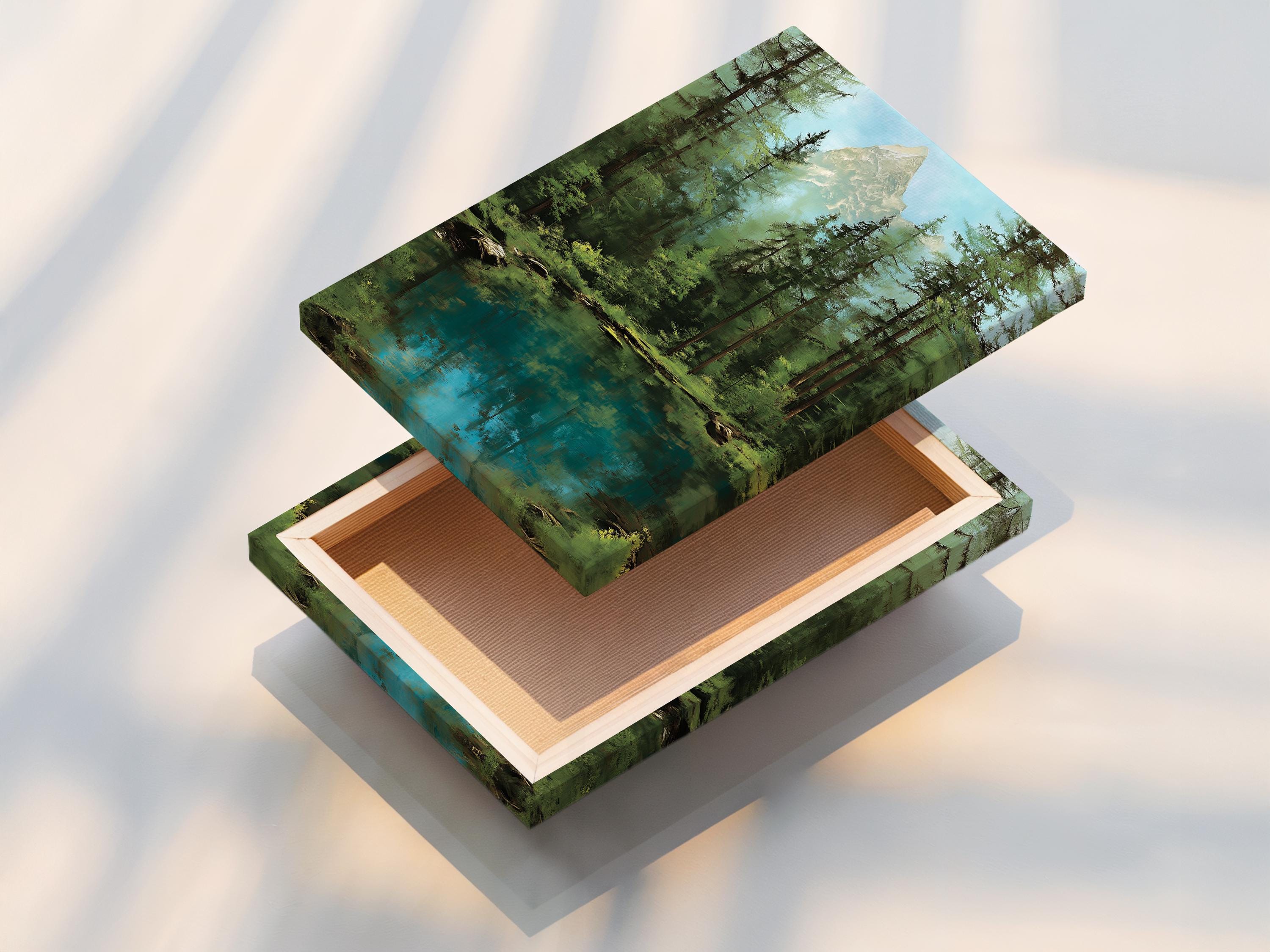 Forest mountain lake artwork shown in a room mockup with framed image
