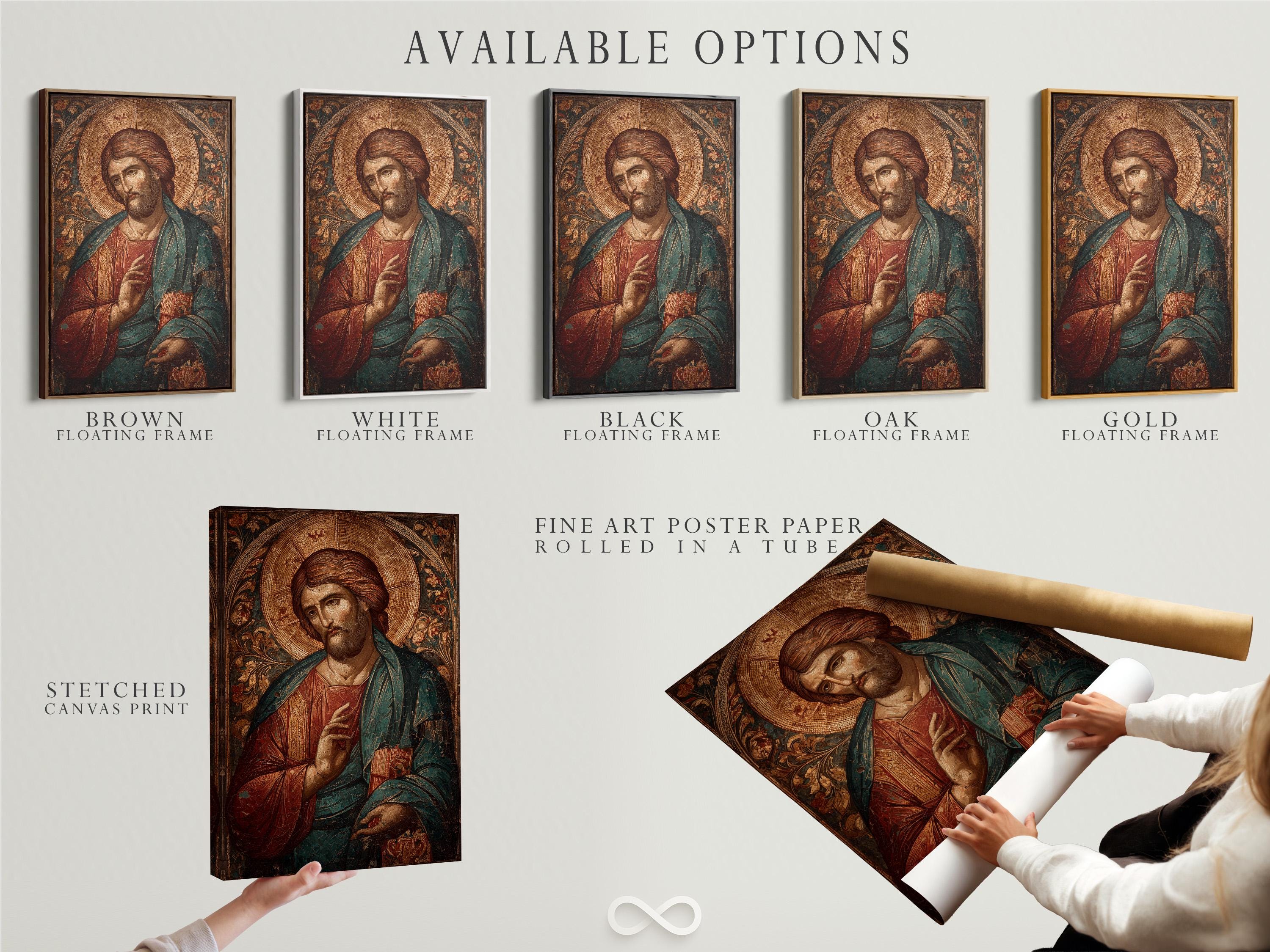Jesus portrait religious artwork shown in a mockup with hanging options on the side