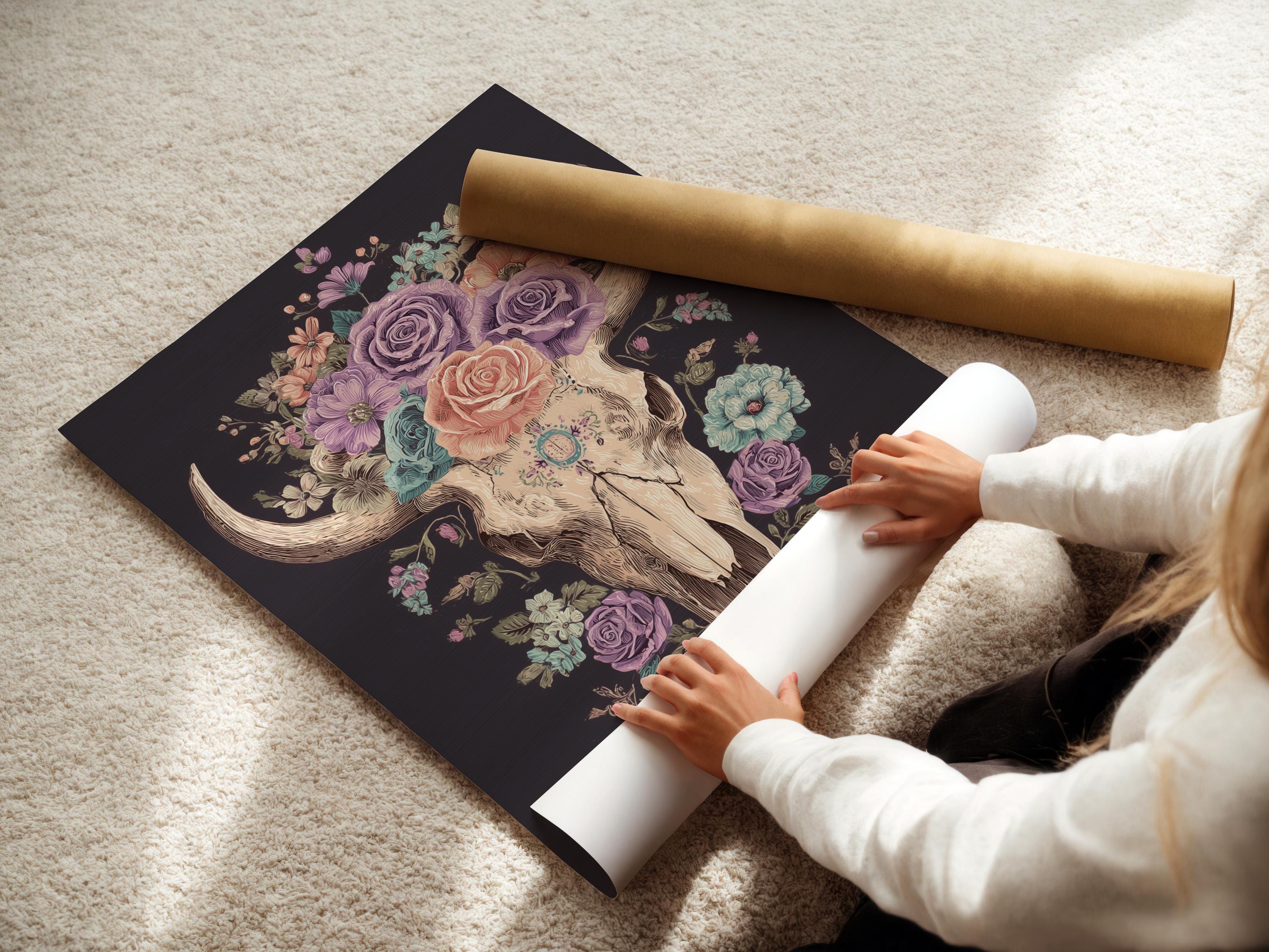 Pastel floral bull skull wall art with a rose crown and horns on a dark background detail view