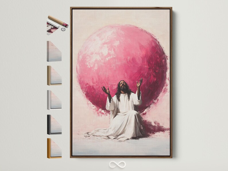 Seated robed figure with raised hands beneath a large glowing pink orb on a beige background