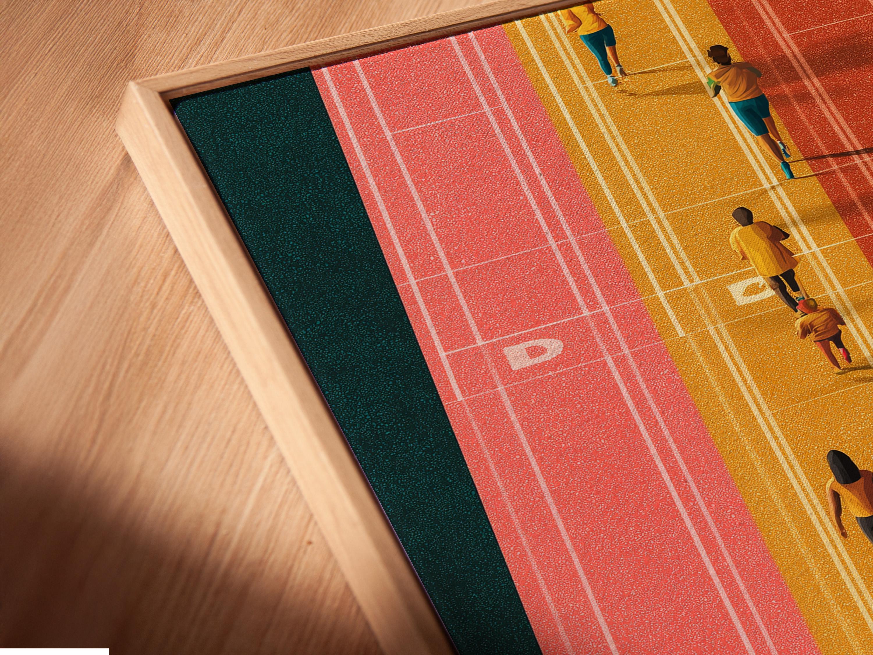 Room mockup showing framed aerial running track artwork with runners