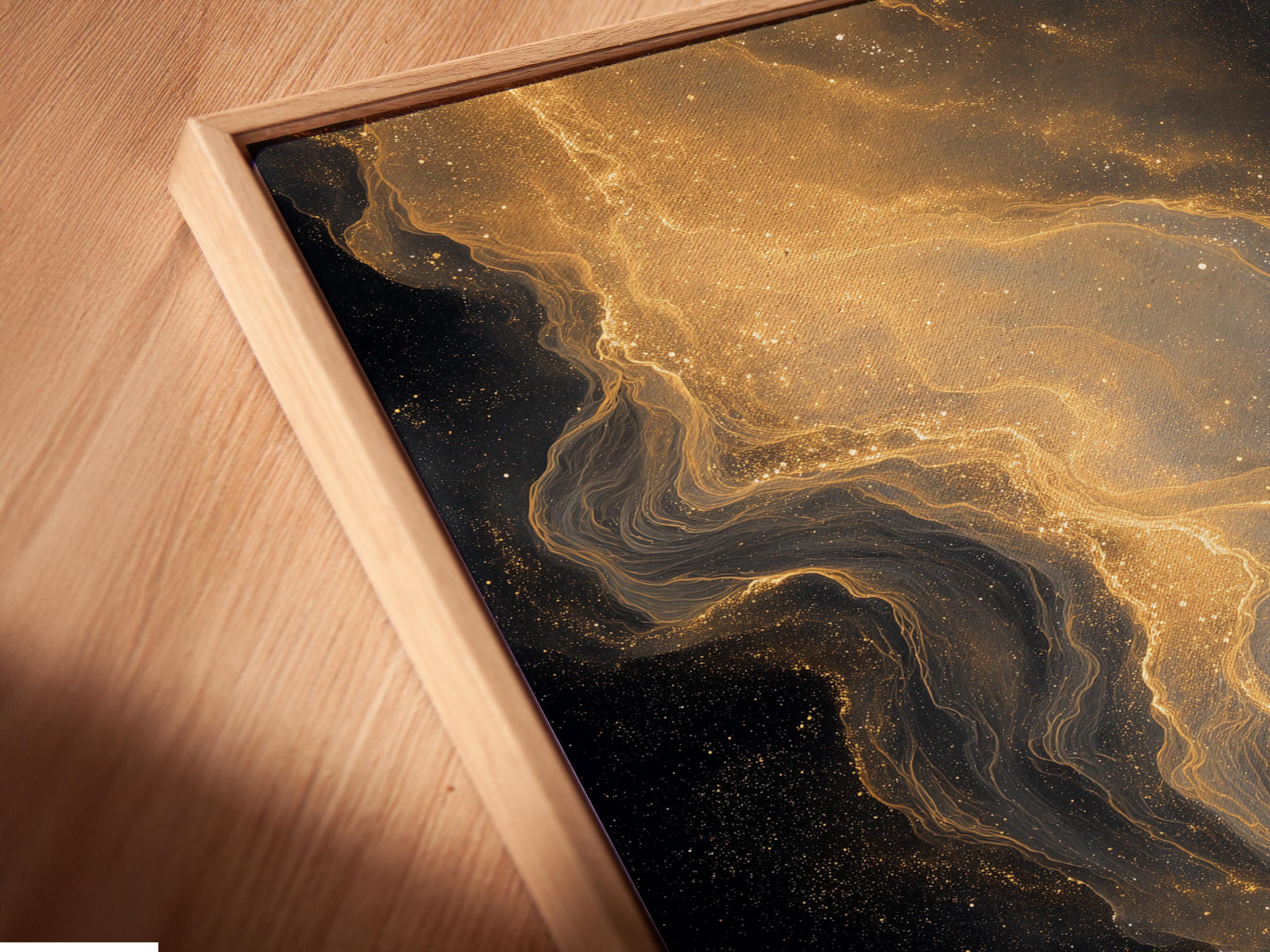 Room mockup showing a framed black and gold abstract artwork with gold dust trails