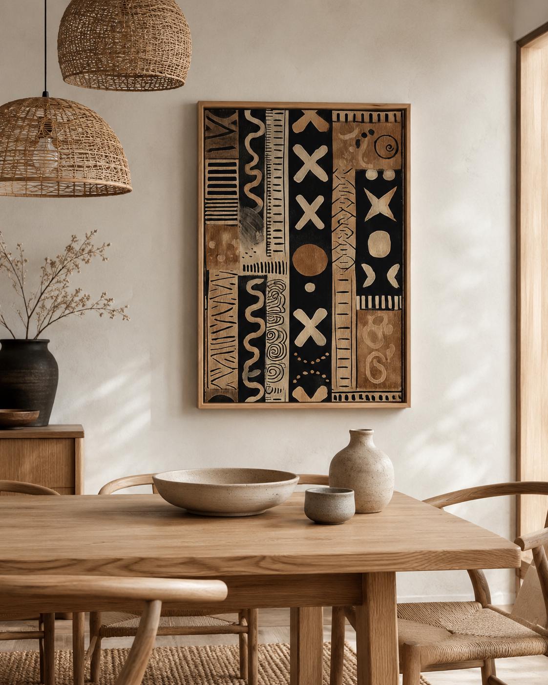 Living room mockup with a framed beige and black tribal abstract pattern above a sofa