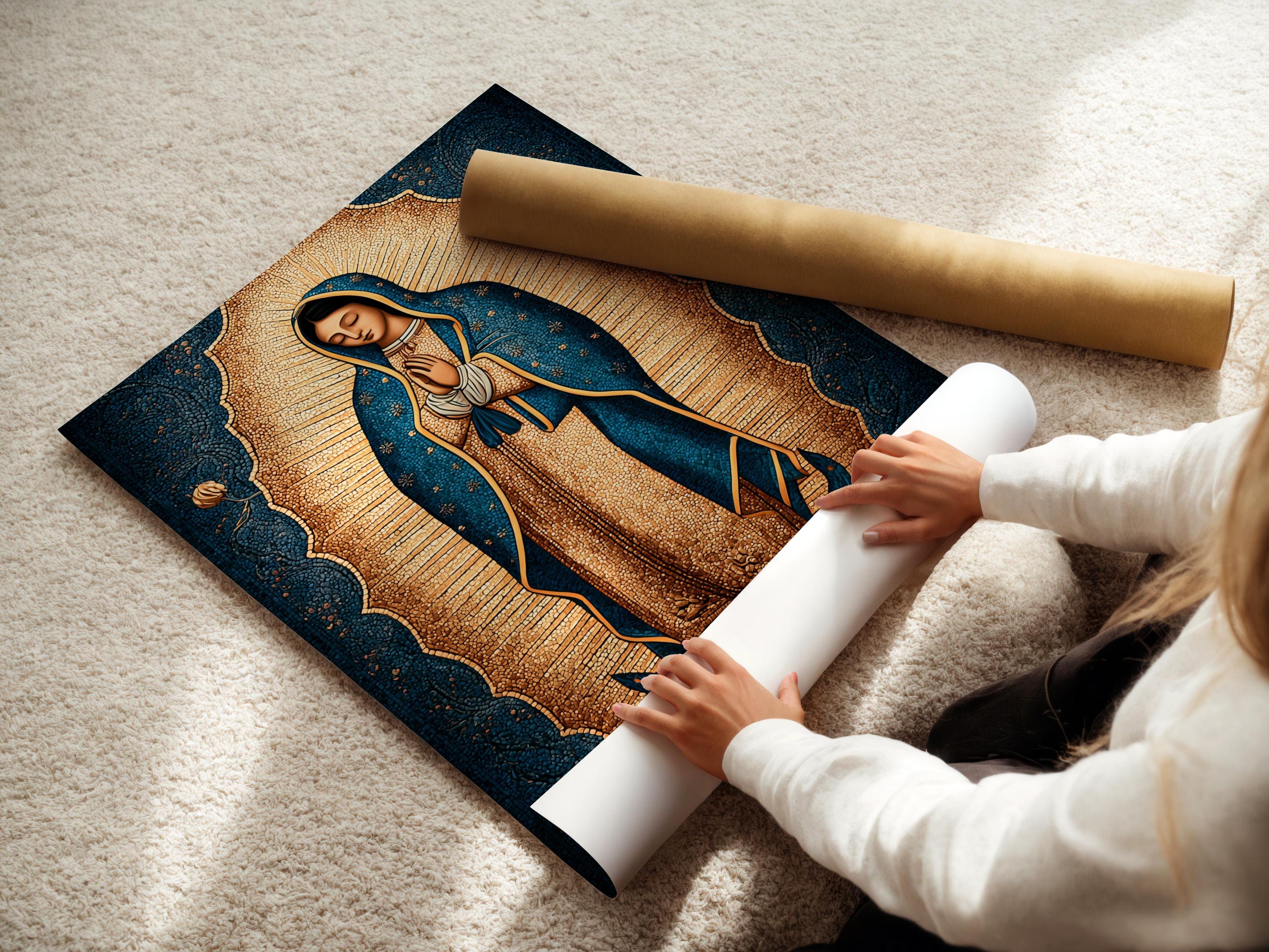 Hooded praying female figure with gold halo rays and roses on a blue textured background detail view