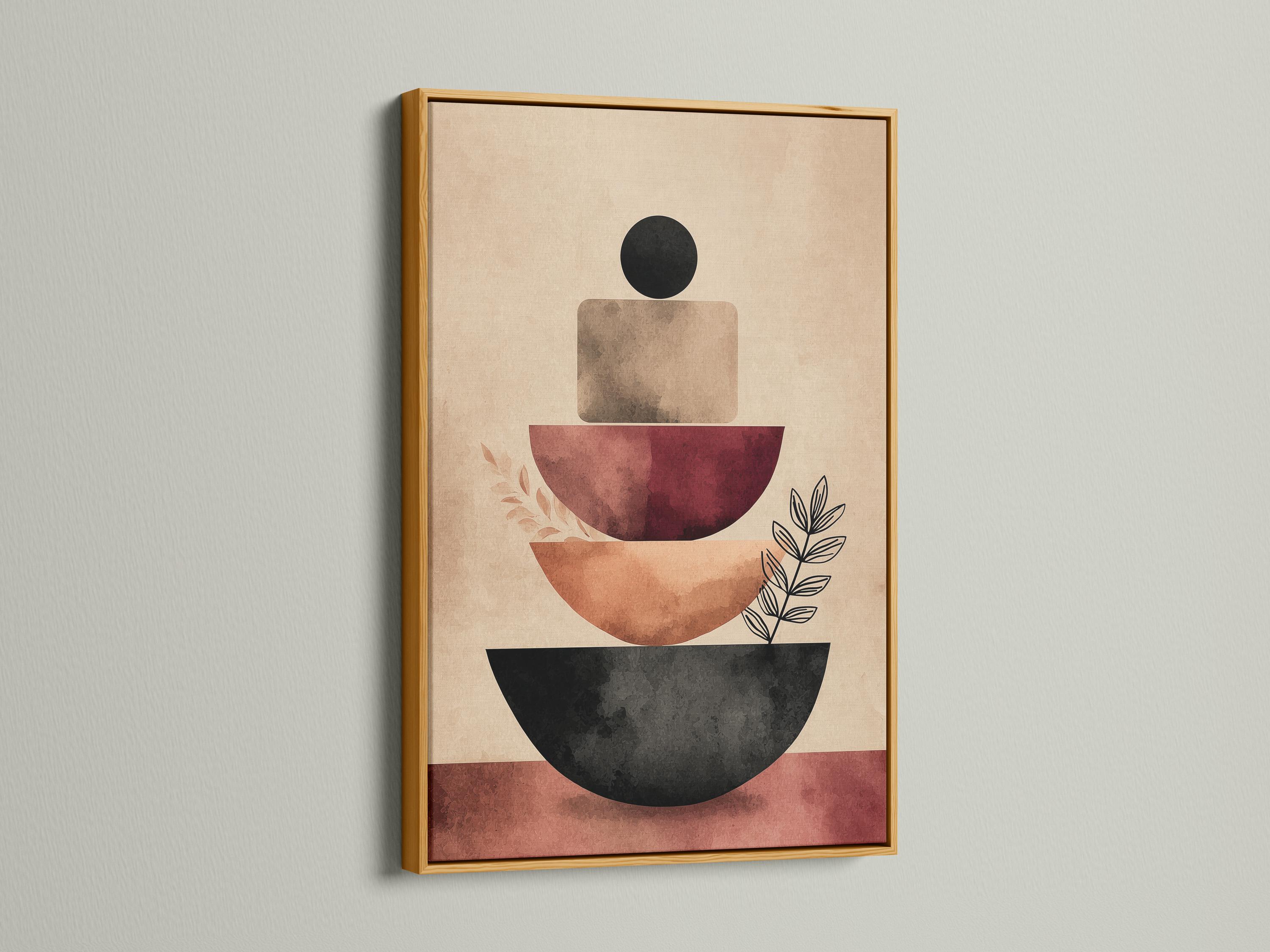 Geometric abstract artwork with stacked curved shapes in black and terracotta on a warm beige background and small leaf linework detail view