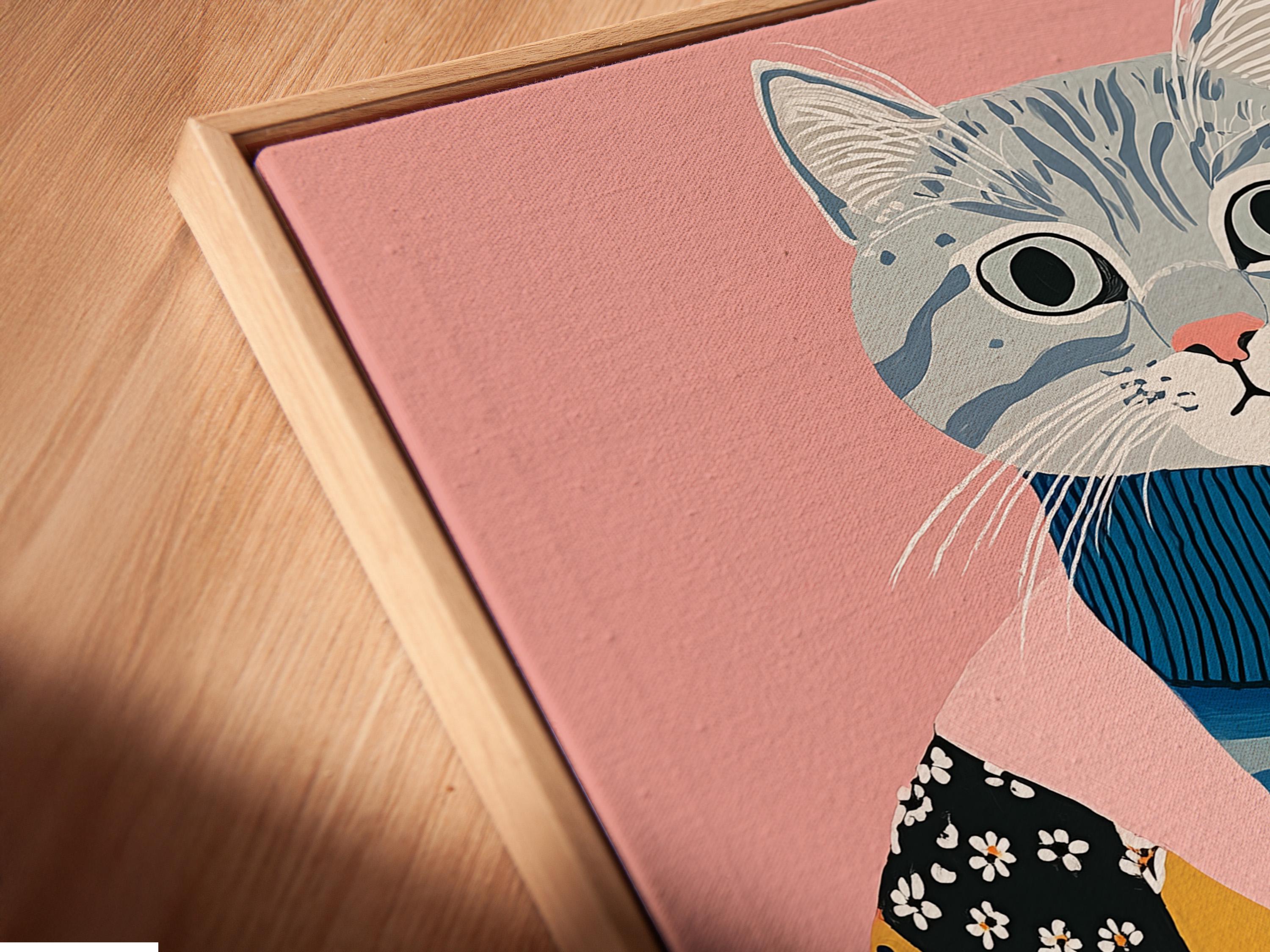 A pink background cat portrait wearing a blue striped sweater with patchwork shapes below detail view