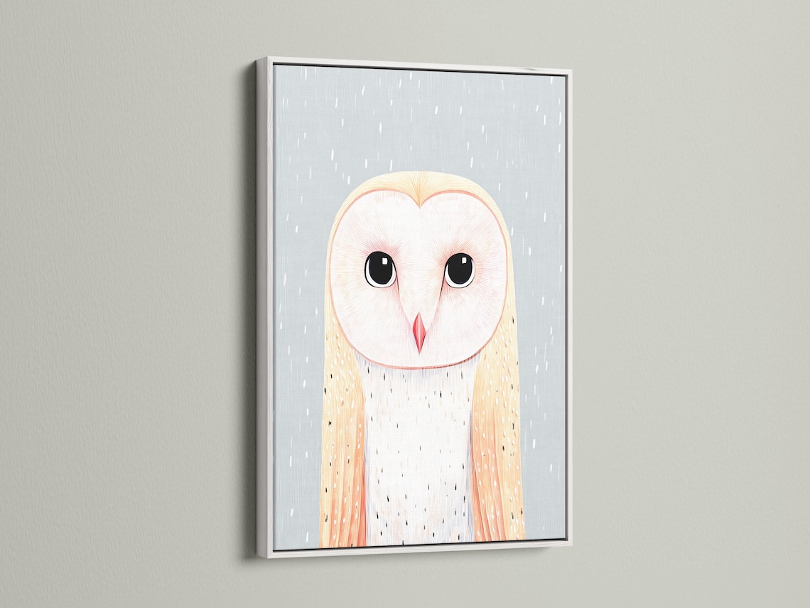 Illustrated pastel owl with large dark eyes and a red beak on a pale blue background detail view