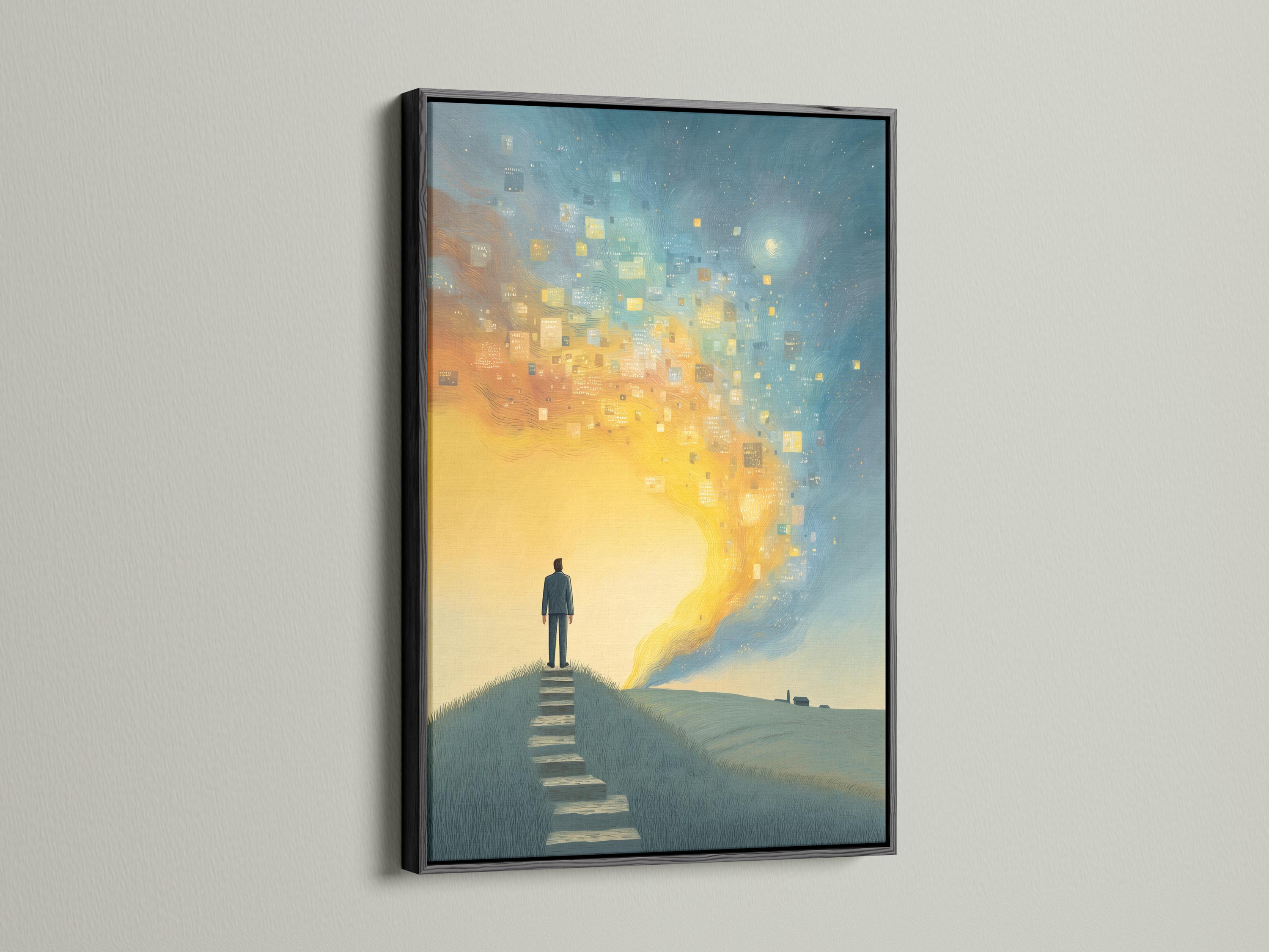 Wall mockup showing framed blue and gold surreal steps artwork