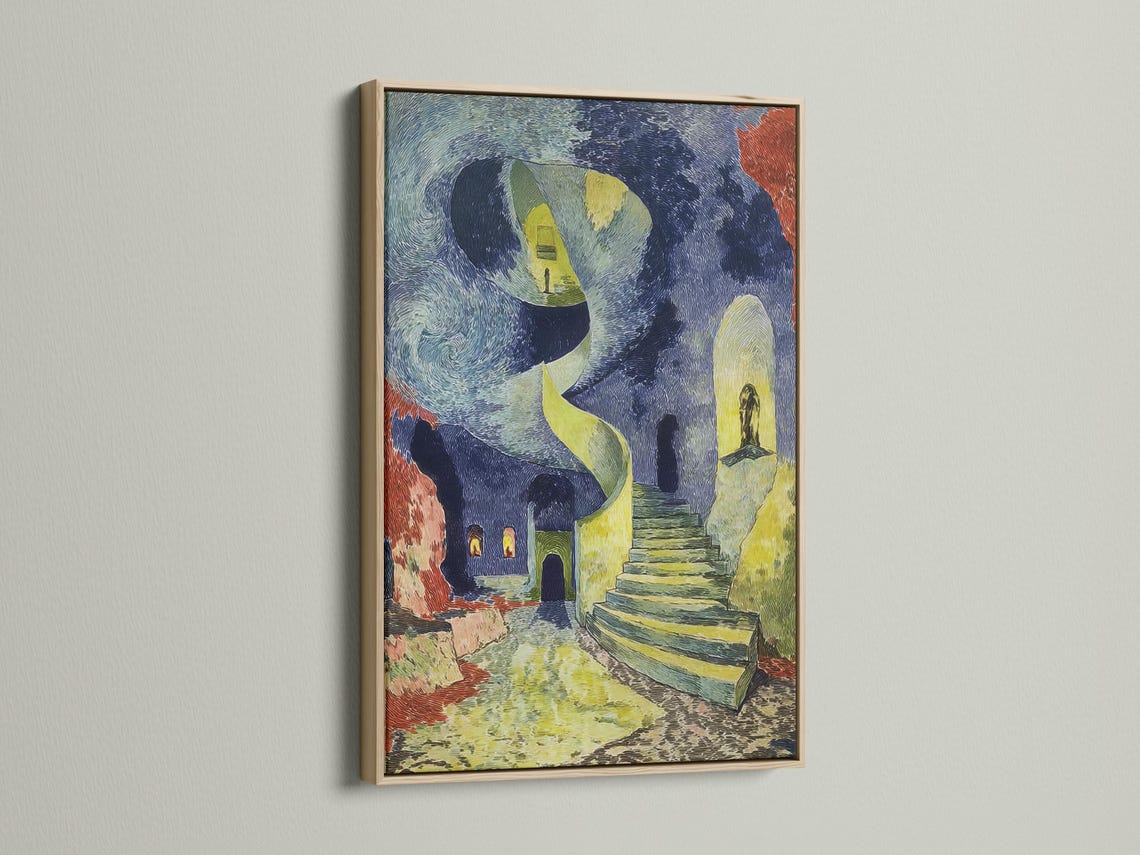 Room mockup showing framed surreal spiral staircase artwork with blue and green tones