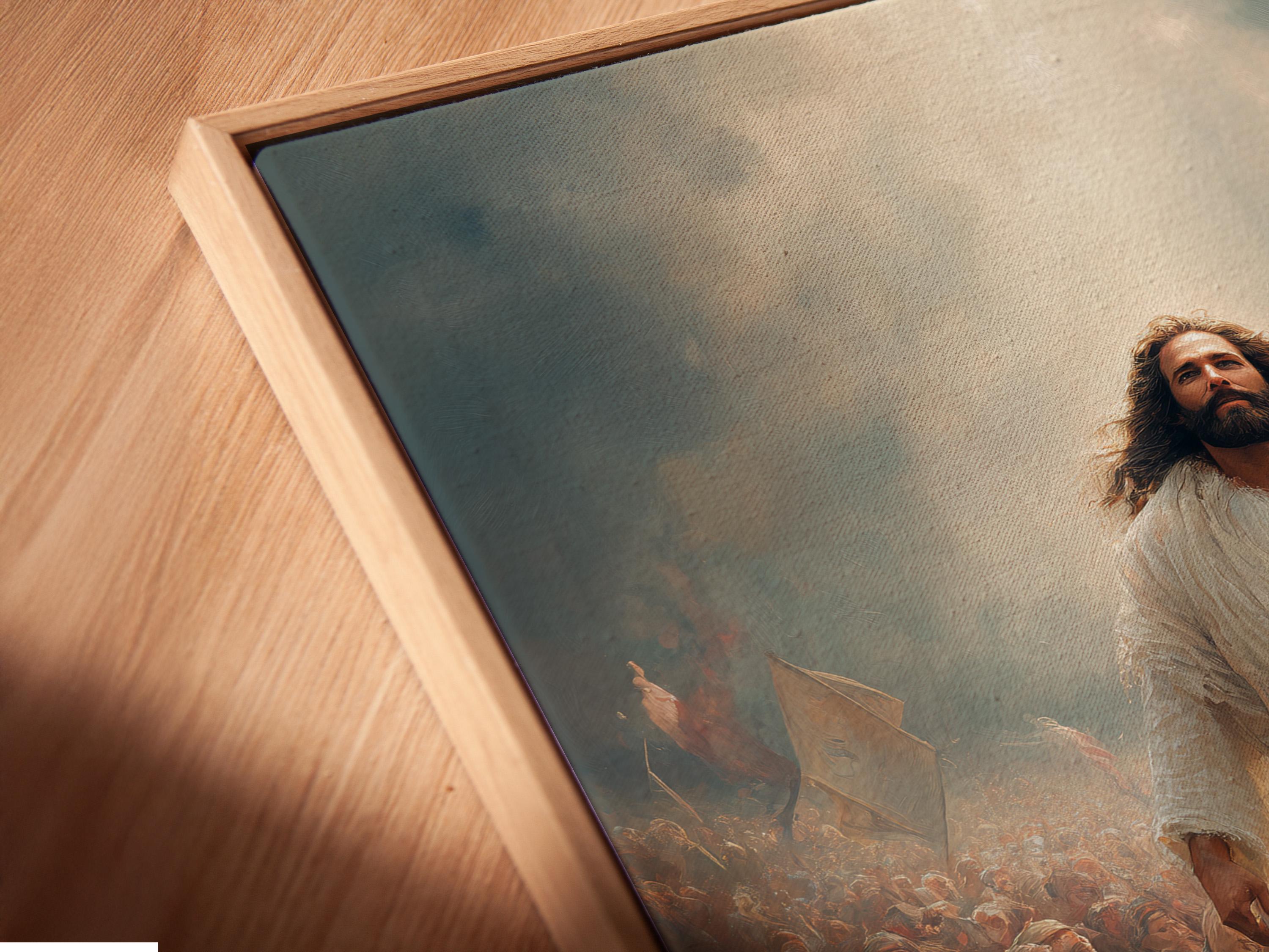 Painted religious scene with a central robed figure walking through a crowd amid haze and flags detail view