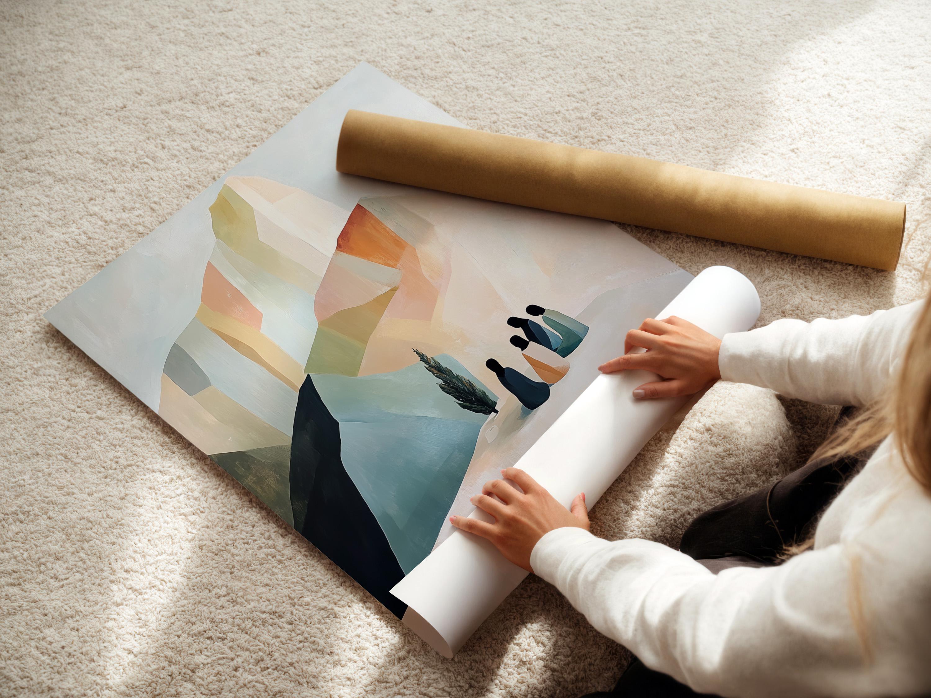 A pastel geometric mountain scene features layered cliffs and soft slopes with four silhouetted figures gathered in the foreground detail view