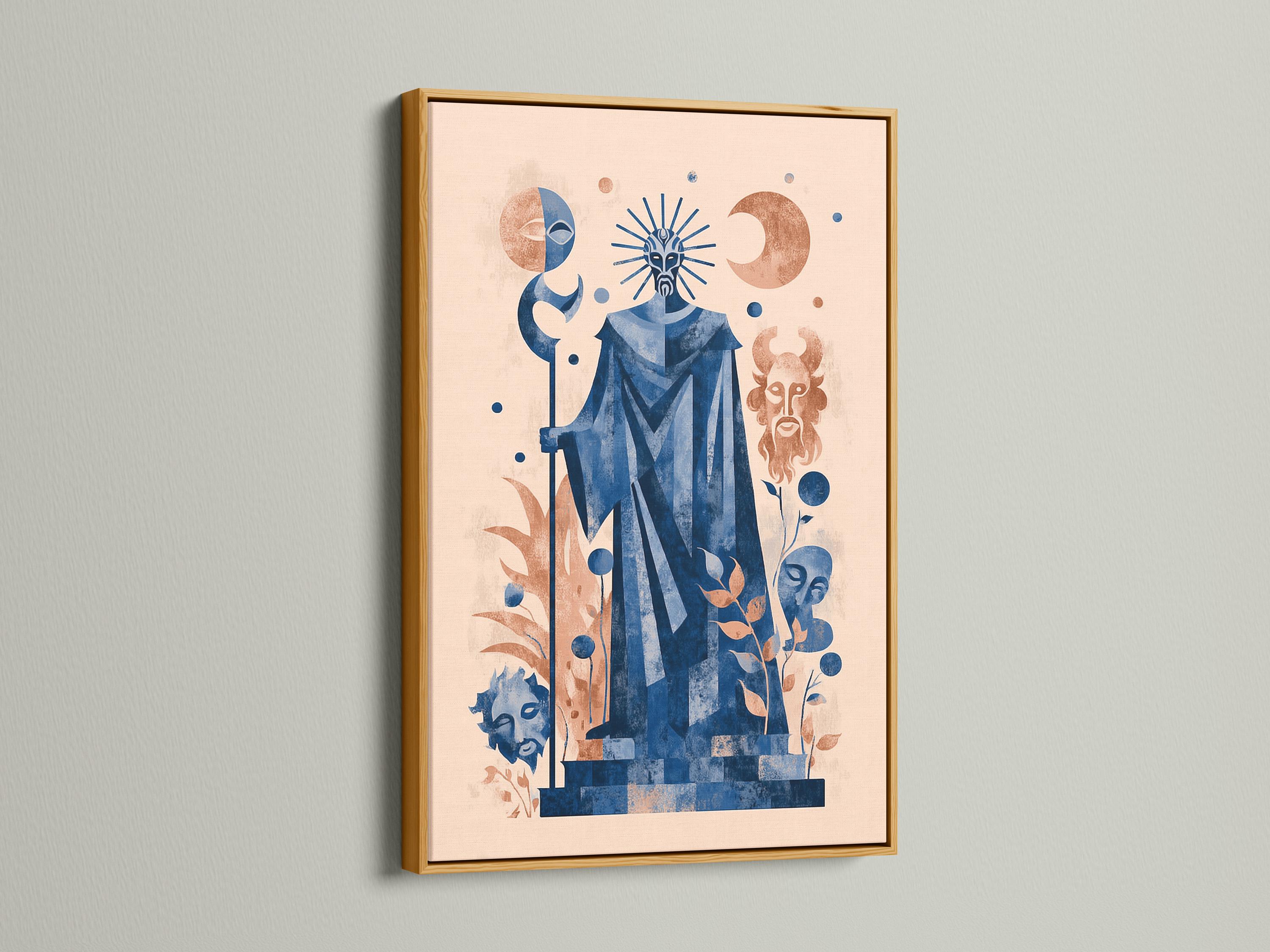 Celestial blue and sage figure with sunburst halo, crescent moons and botanical leaves detail view