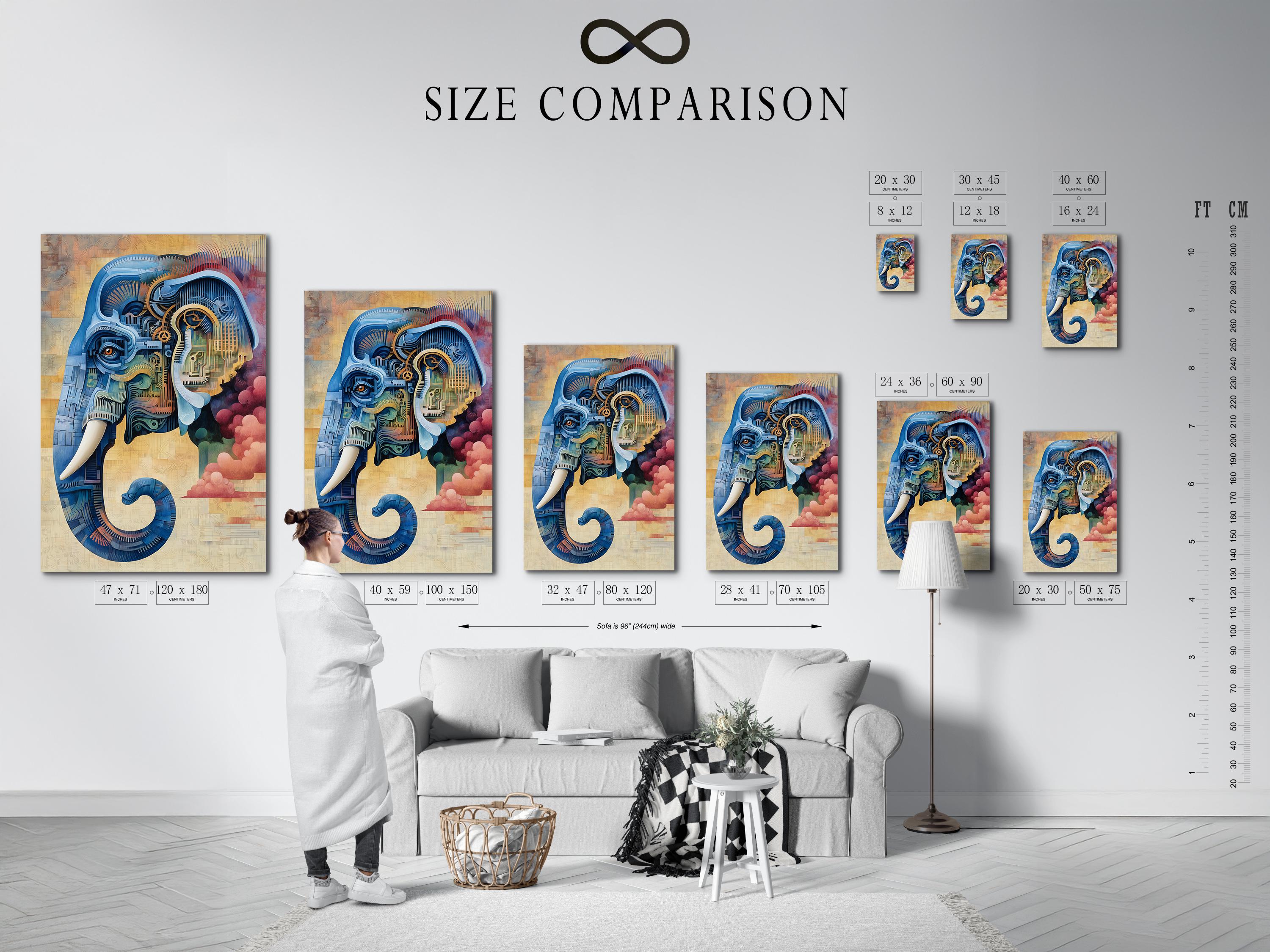 Steampunk-style elephant illustration in blue with gold gear details detail view