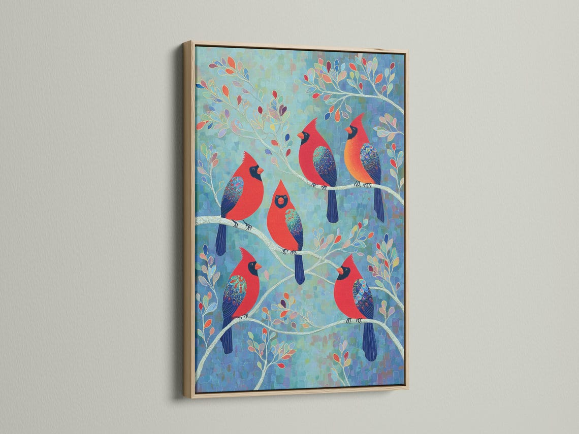 Portrait wildlife artwork with red cardinals perched on branches against a teal blue background detail view