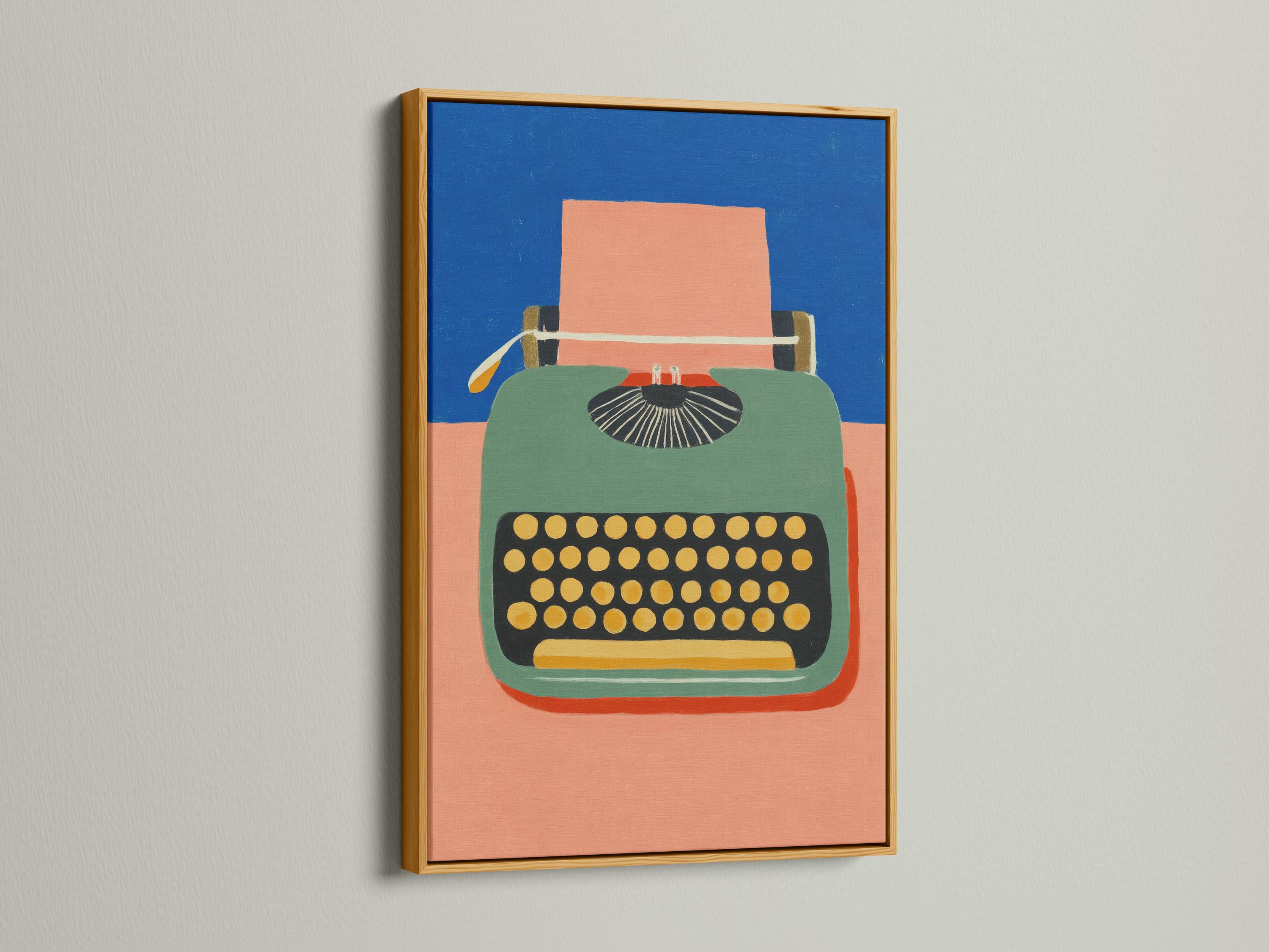 Stylised typewriter illustration with blue background, peach and green body, and gold dot keyboard detail view
