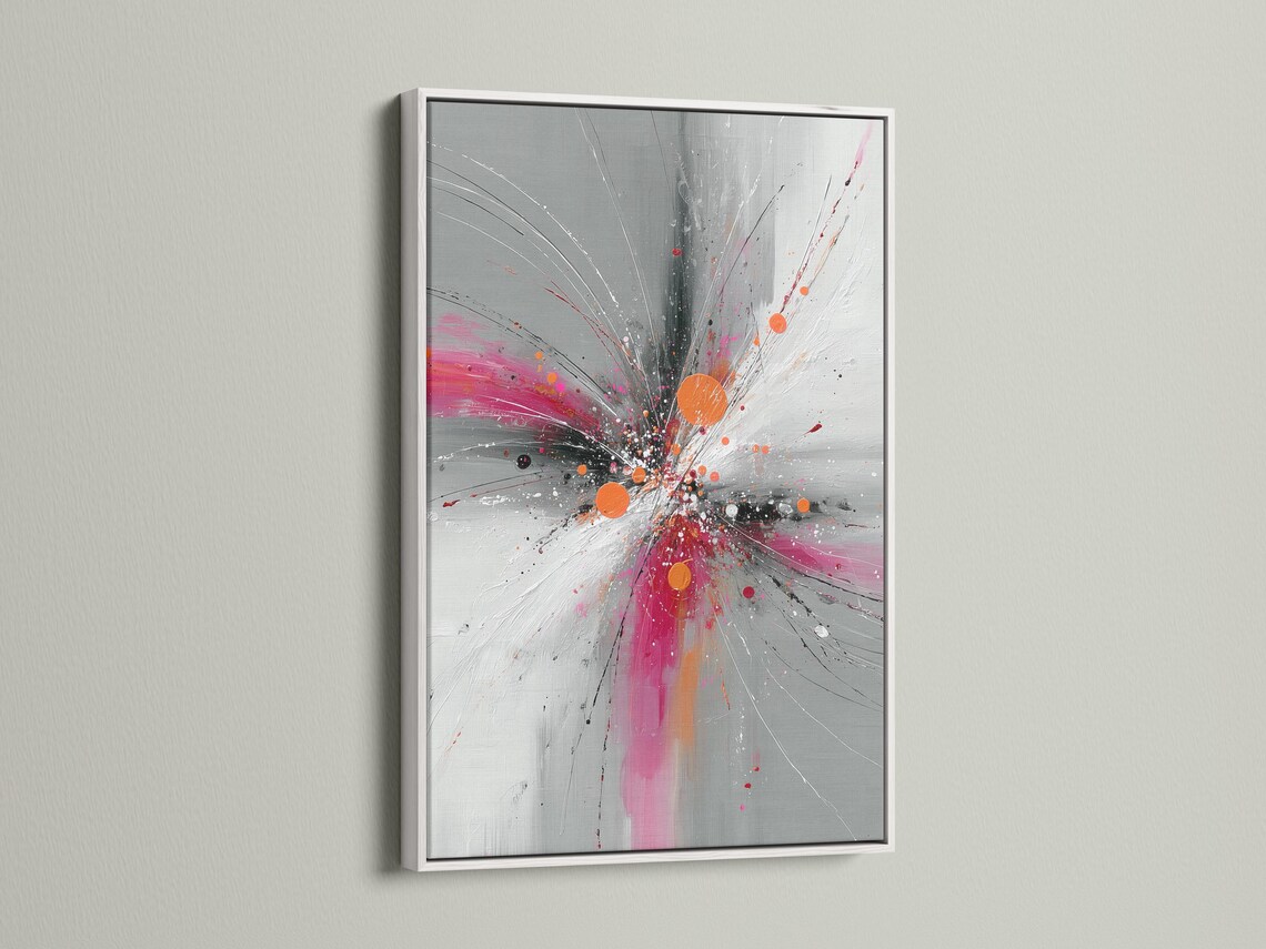 Abstract burst artwork with radiating grey and white lines, pink splashes and orange circular accents detail view