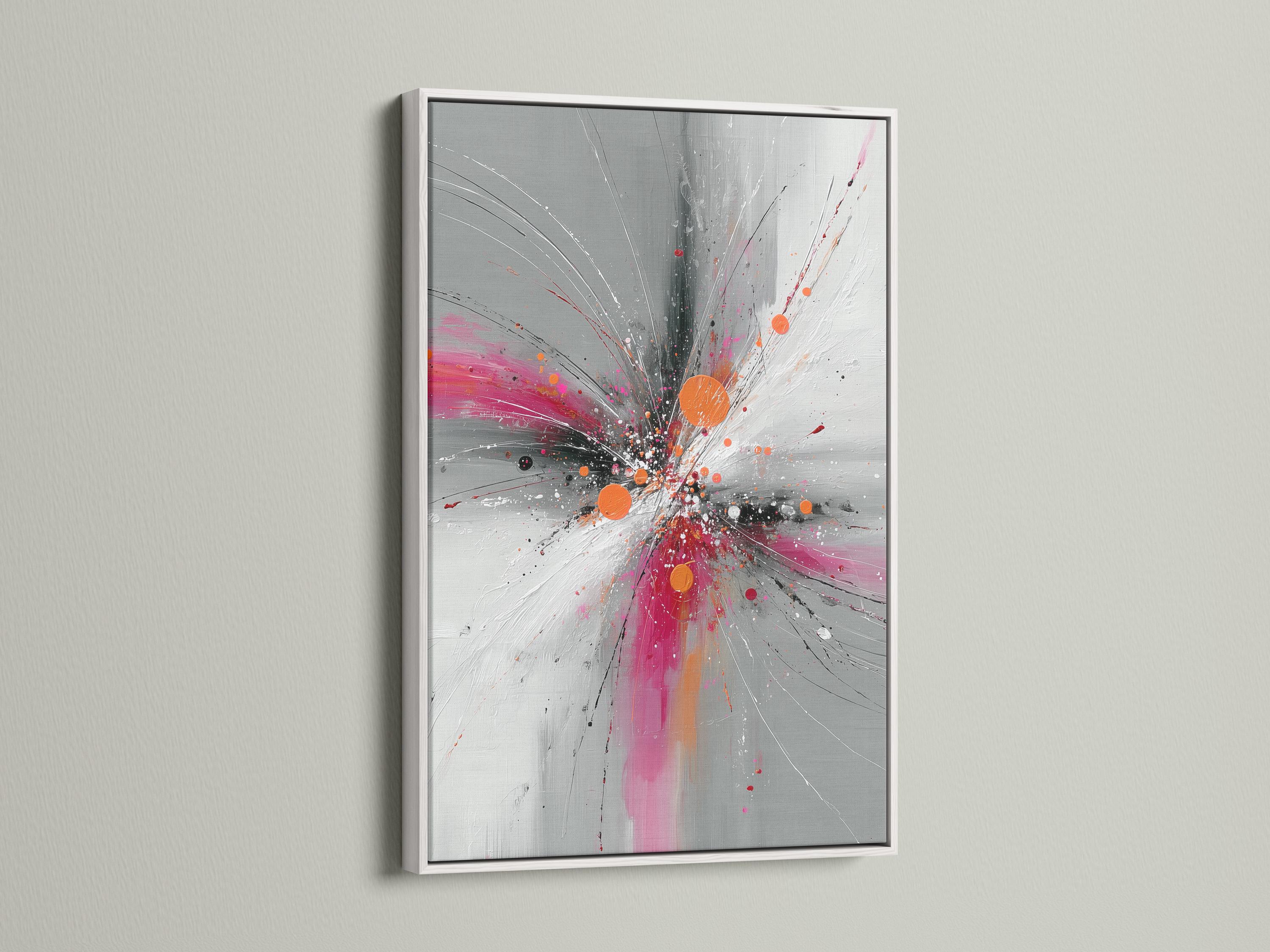Abstract burst artwork with radiating grey and white lines, pink splashes and orange circular accents detail view