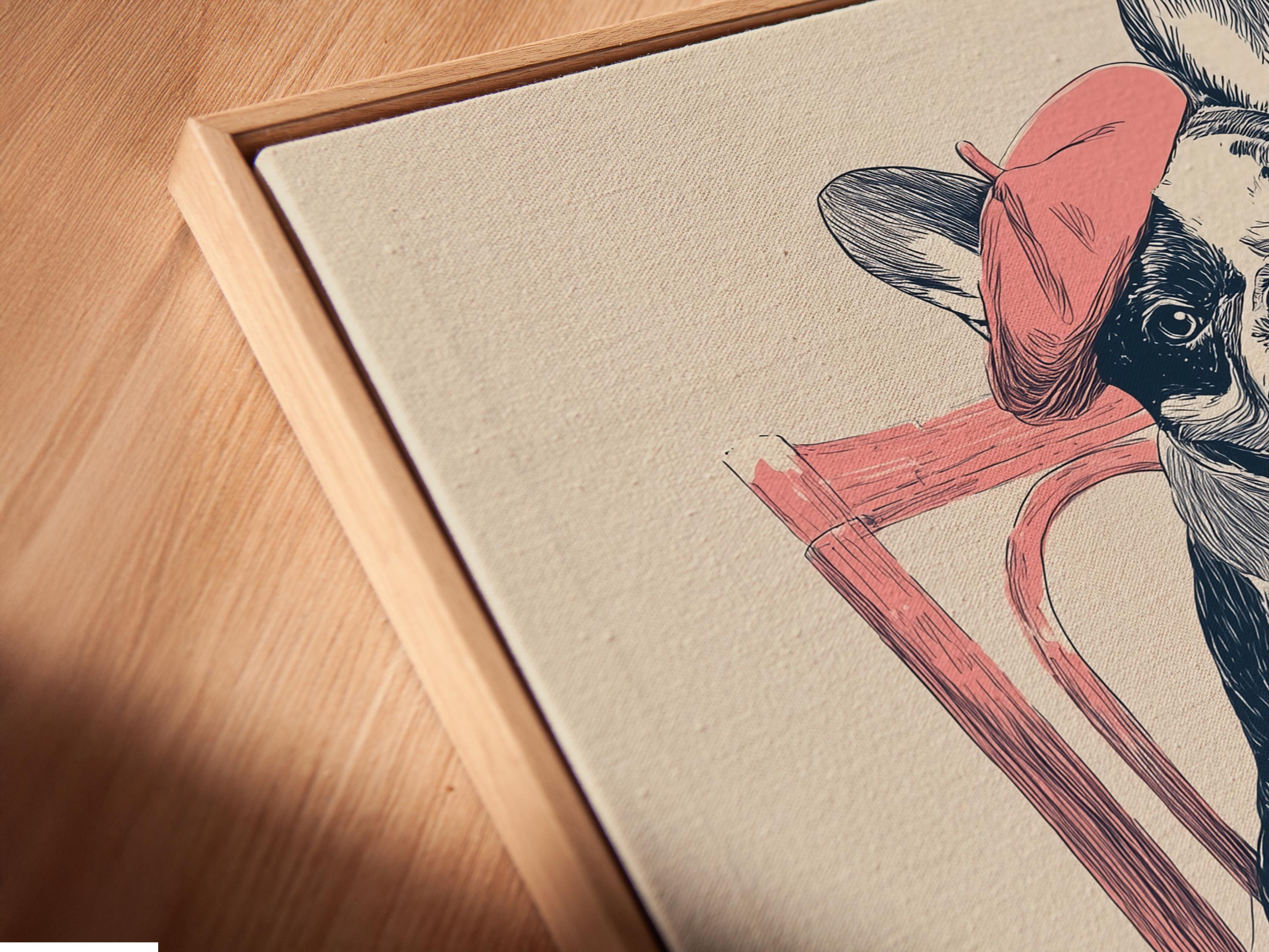 Seated dog wearing a pink beret and sitting on a pink stool, drawn with ink sketch lines detail view