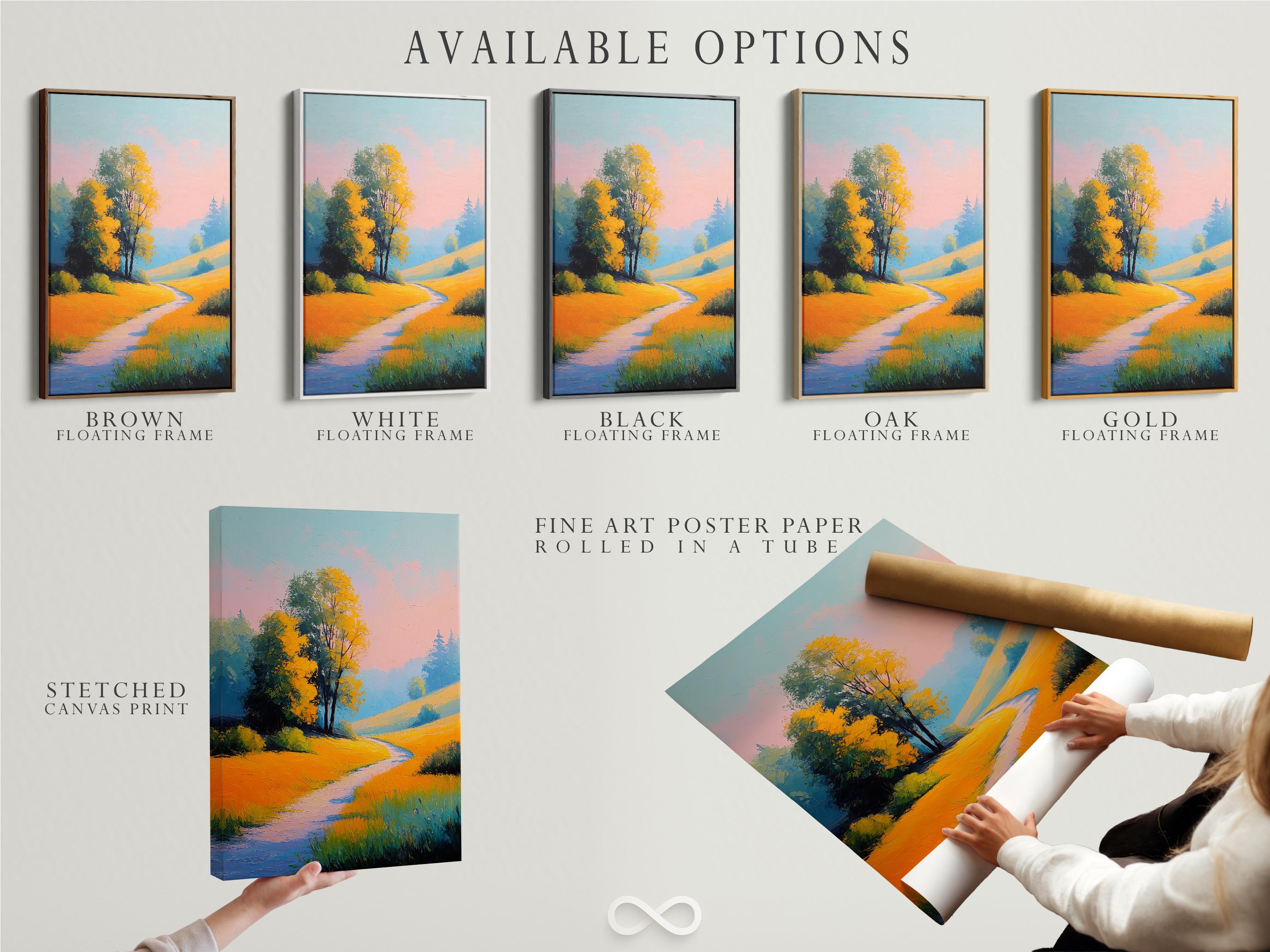 Painterly countryside landscape with a lone tree, golden fields, winding path and pastel pink-blue sky detail view