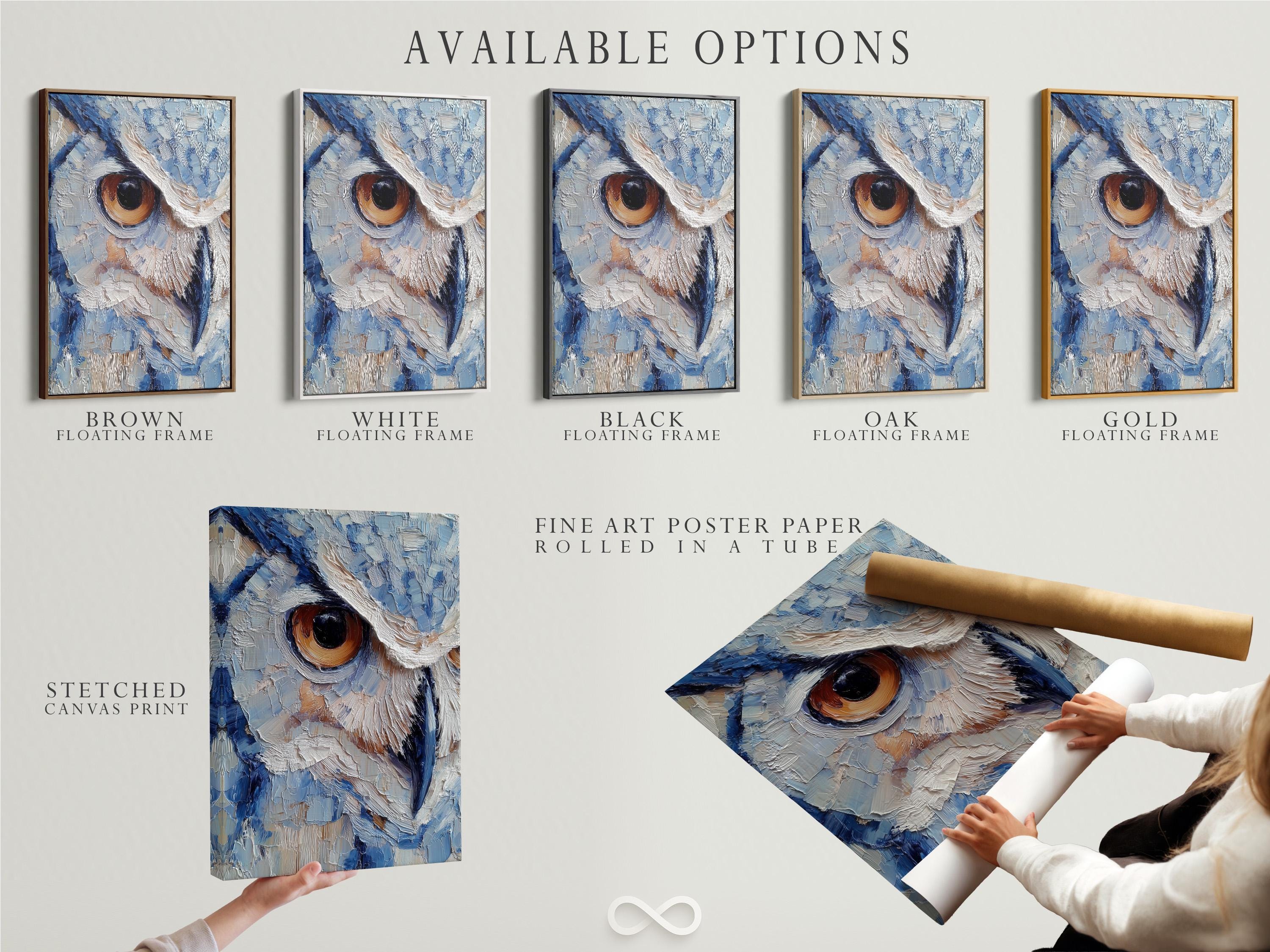 Room scene with a framed blue owl painting above a desk where a person writes in a book