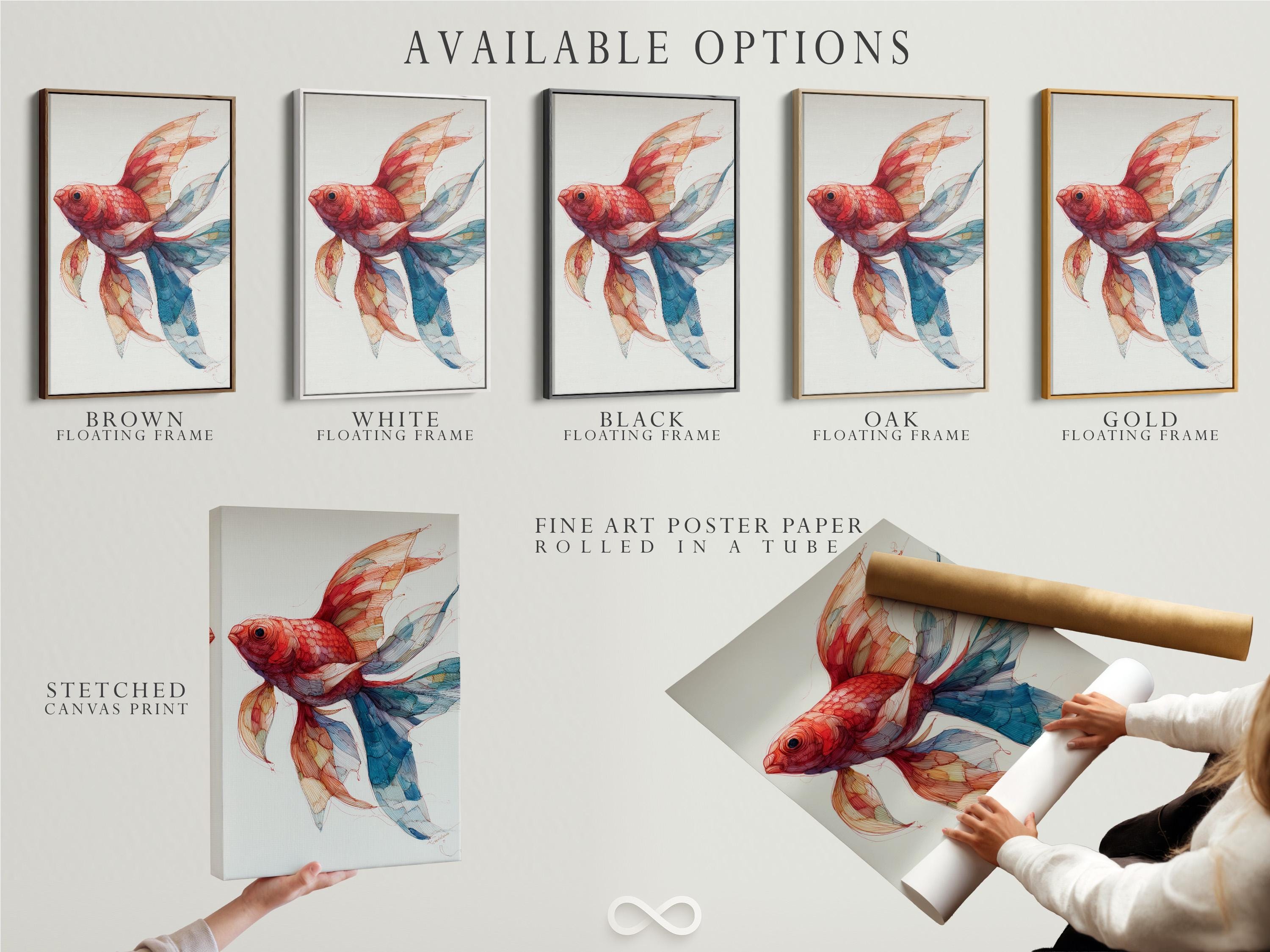 Room mockup showing a framed red goldfish illustration with teal and blue fins