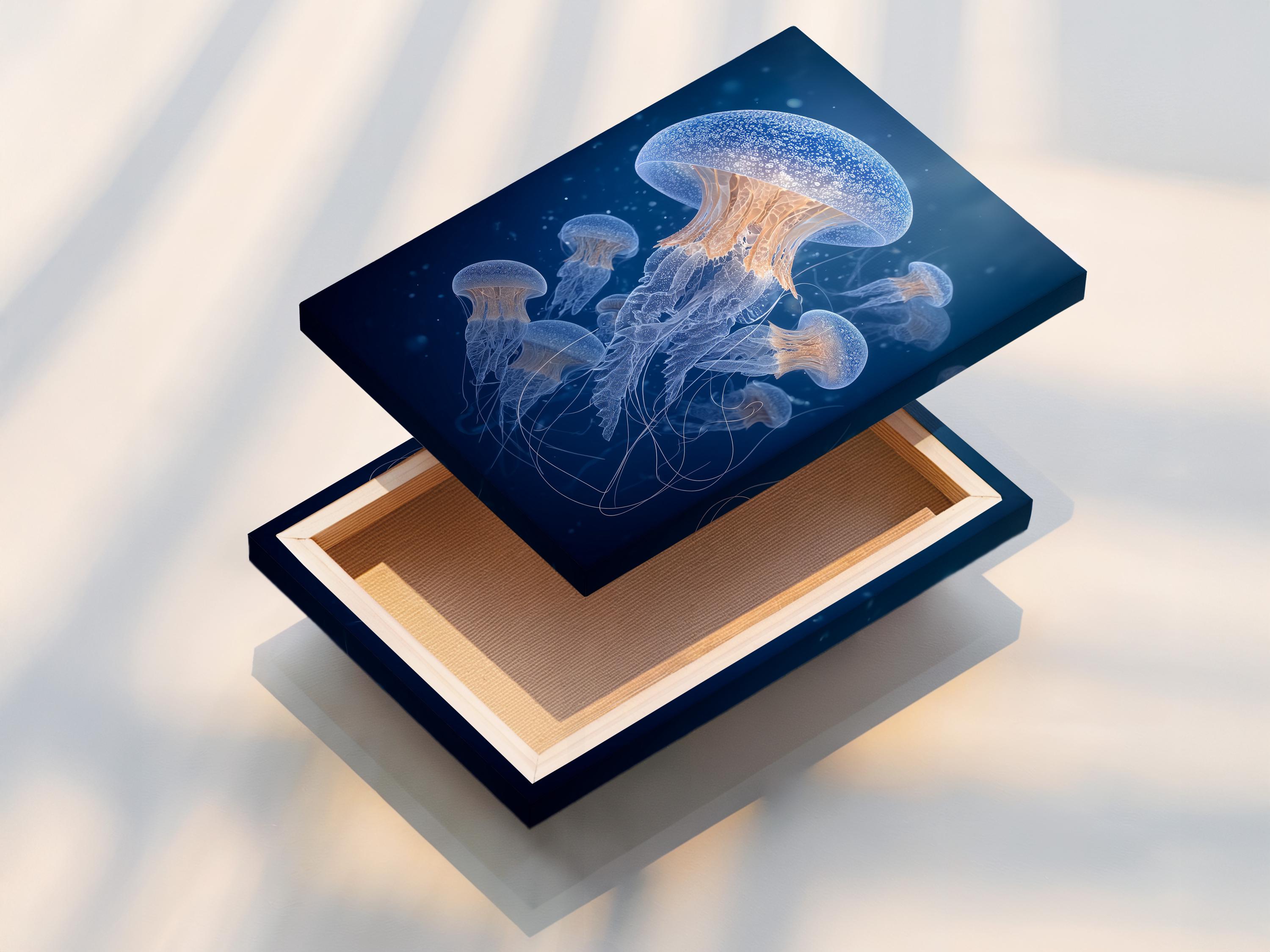 A framed artwork showing blue jellyfish on a deep navy ocean background