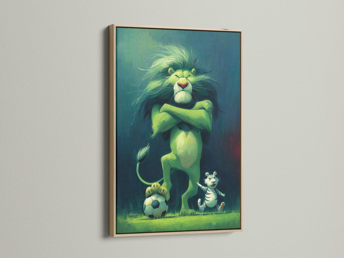 A cartoon-style green lion figure with a raised paw faces forward, with a smaller striped tiger and a soccer ball below on a blue-green background