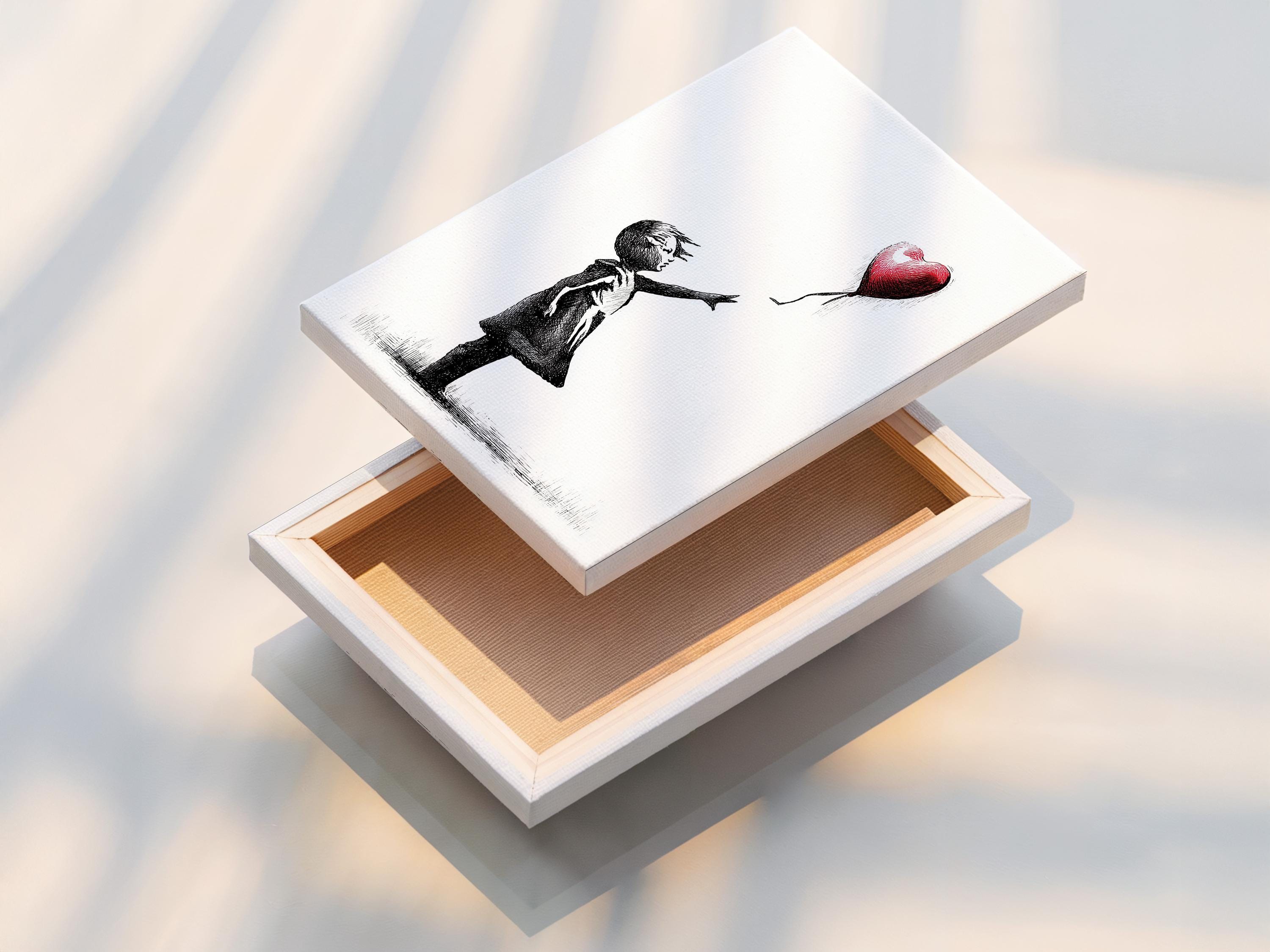 Room mockup showing a framed black and white girl sketch with a red heart balloon