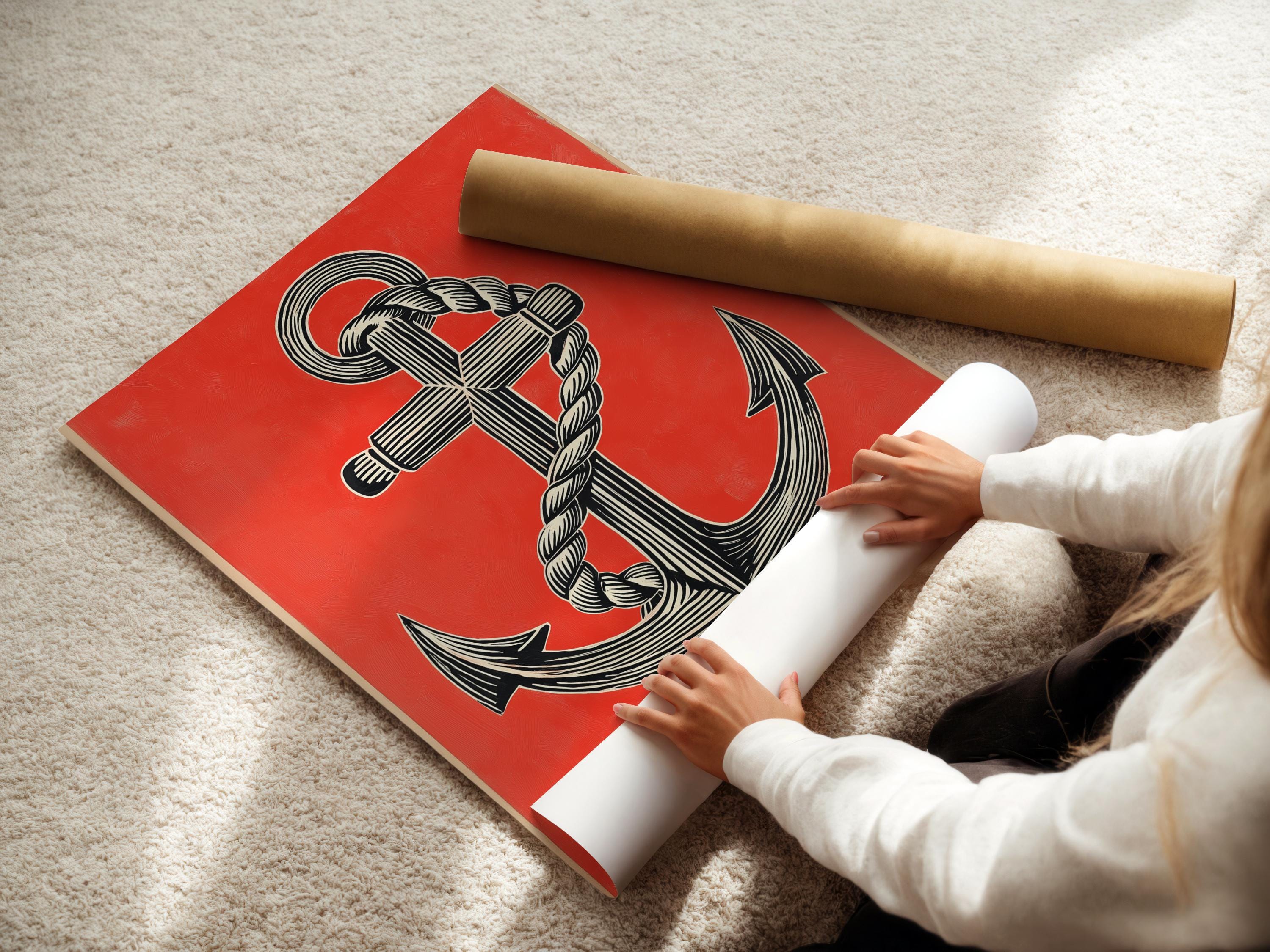 Coral red anchor illustration with black and cream rope-like stripes and ring details detail view
