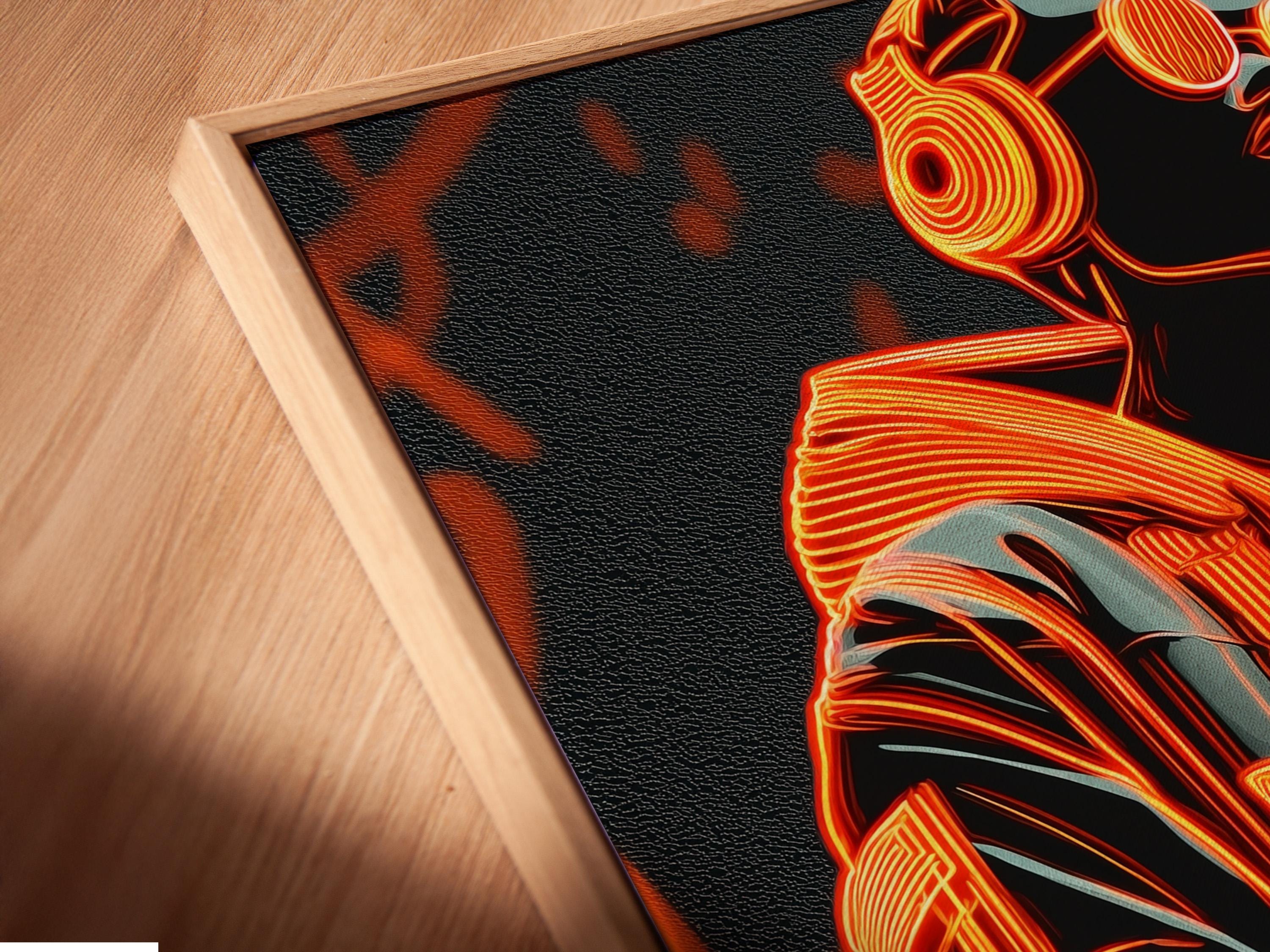 Portrait artwork mockup on a wall with dark grey and neon orange colours
