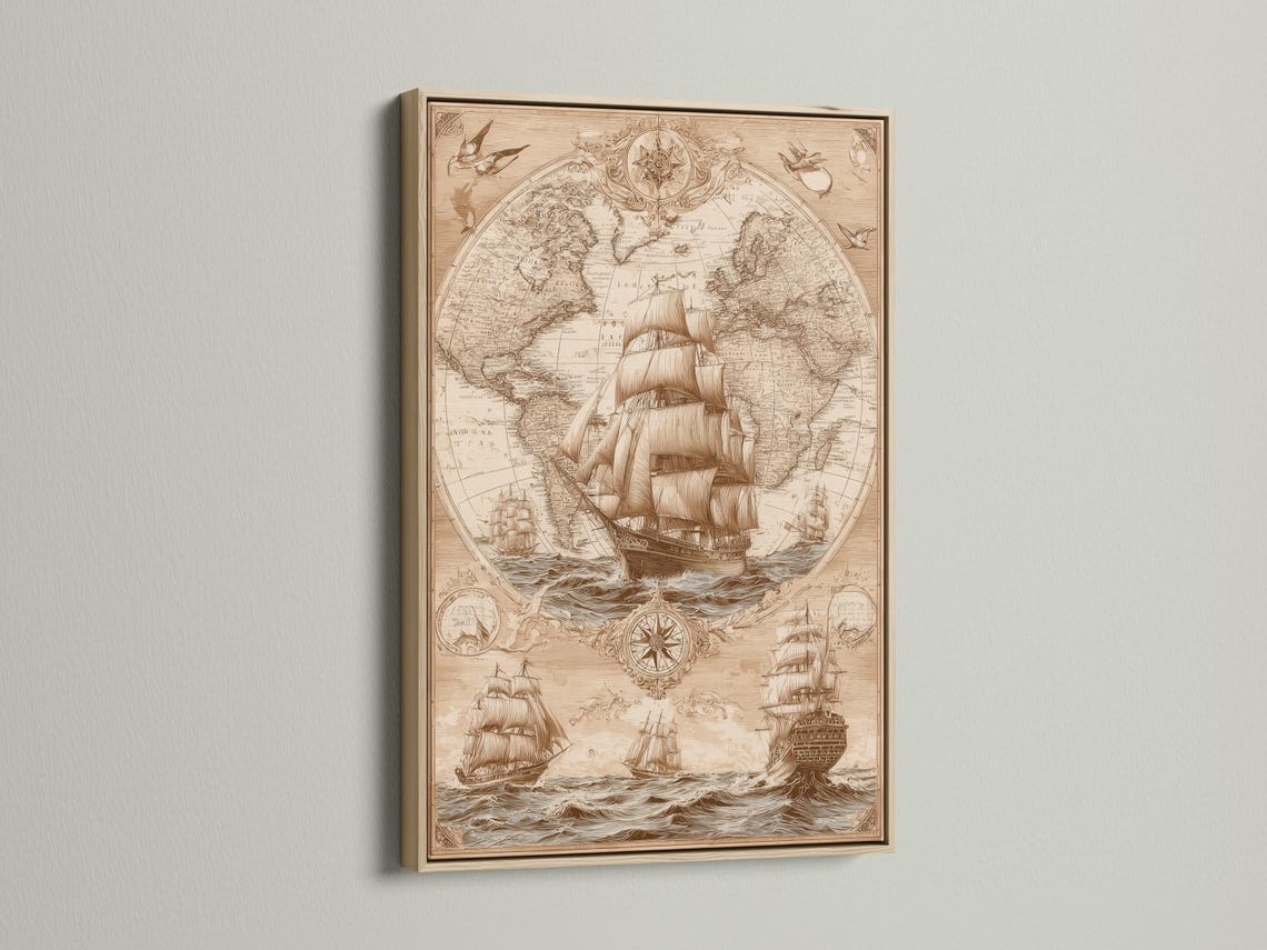Vintage sepia world map with compass rose and sailing ships over decorative waves detail view