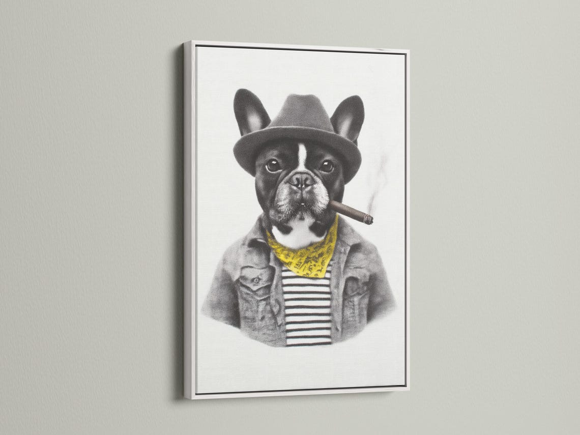 Black and white bulldog portrait wearing a hat and yellow scarf with a cigar detail view